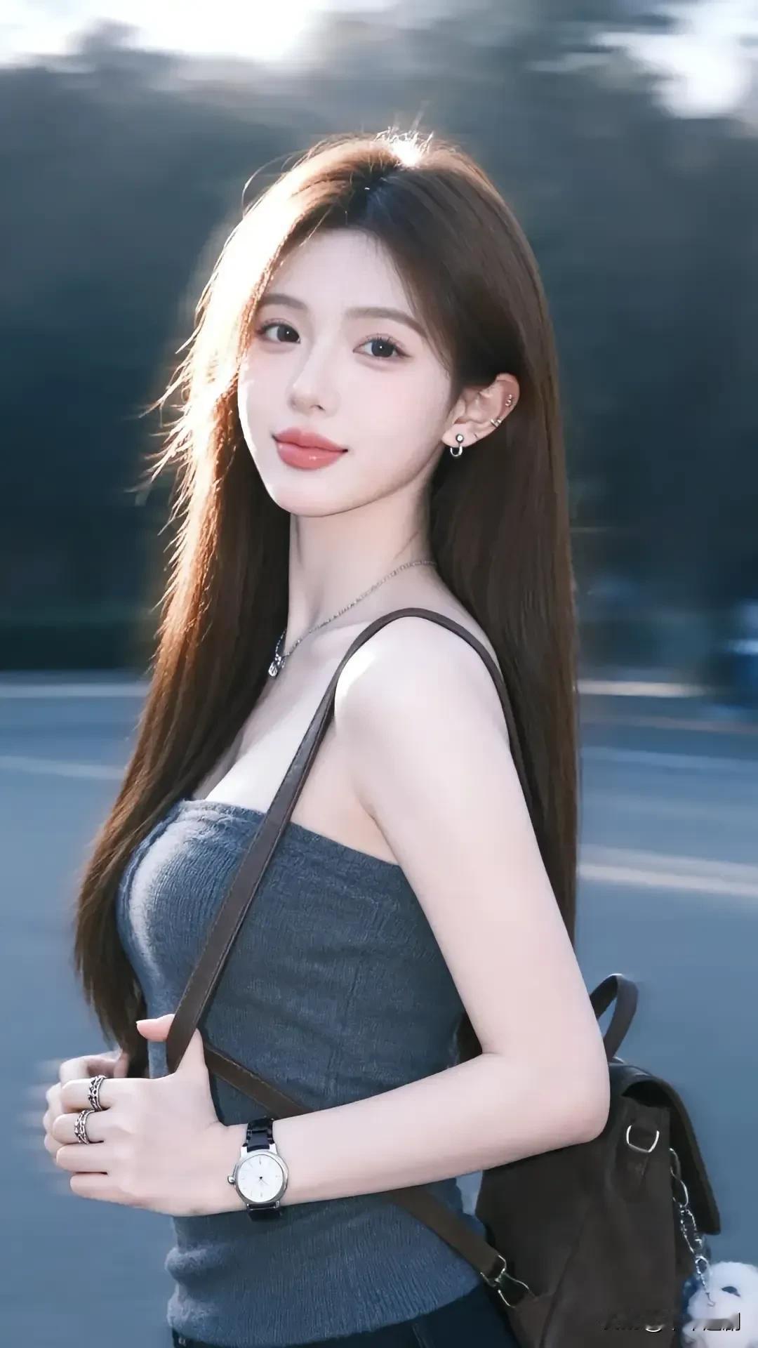 浅灰吊带裹着松弛的温柔，落日余晖为长发镀上暖光，背着帆布包的午后，风里都是惬意的