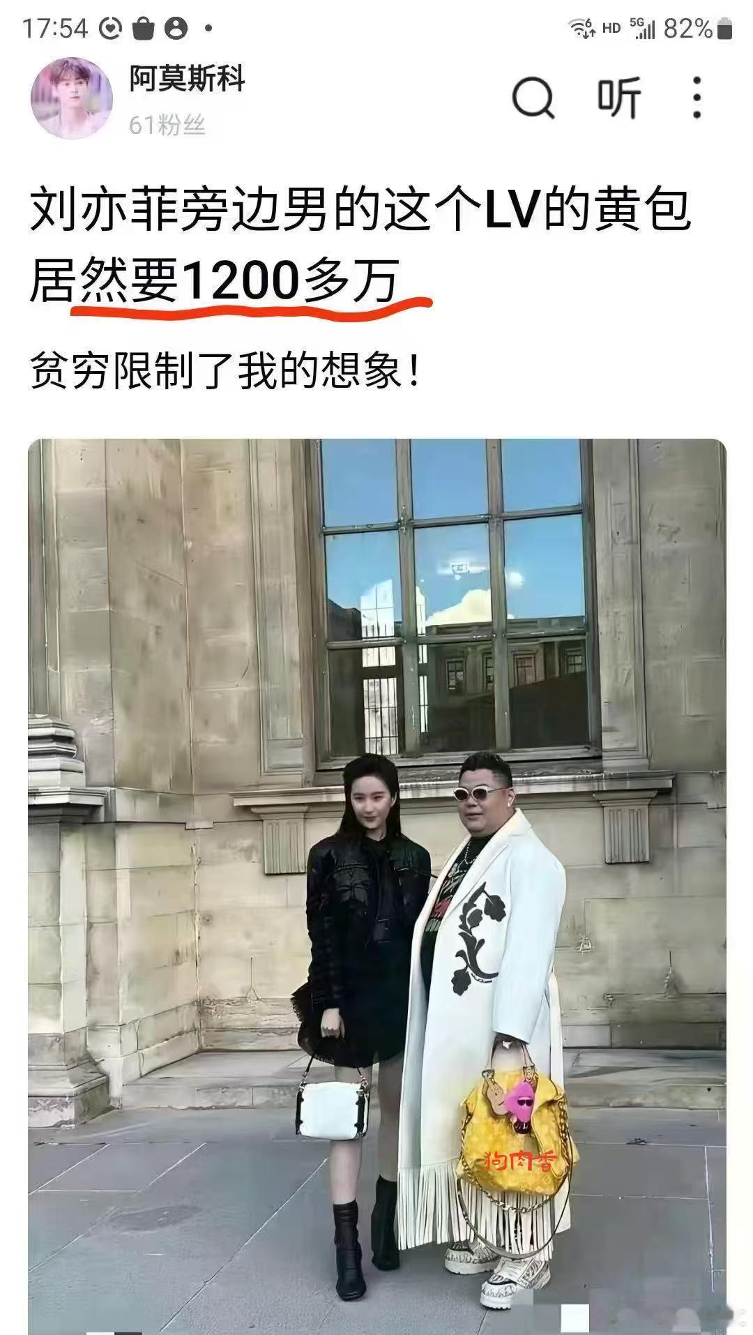 一个包包1200万？仔细看刘小姐身边的人像女人，但看头型像男人，男不男女不女的，