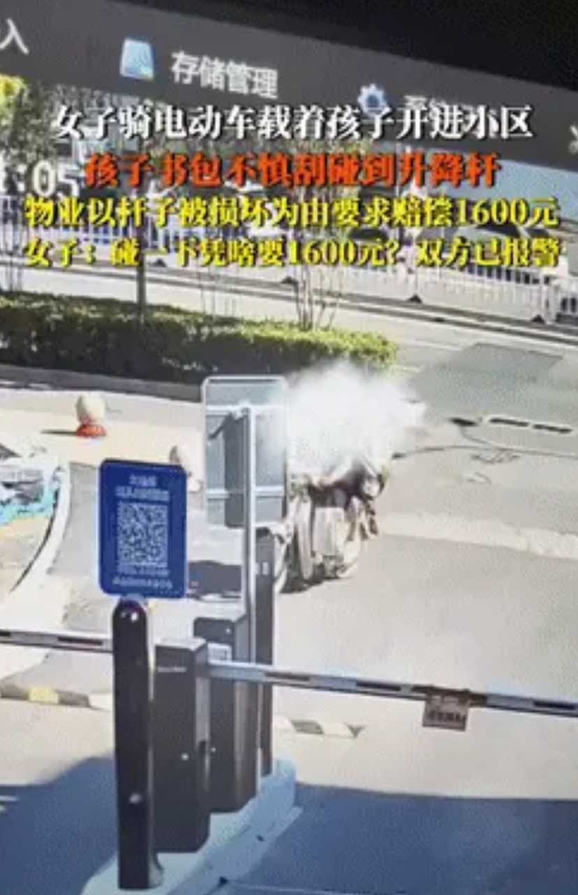 想钱想疯了？！山东，一女子骑车带孩子回家时，孩子书包不慎刮到升降杆，物业表示杆子