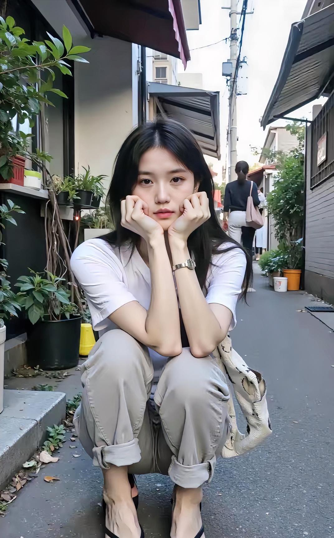 蹲在地上的美女，脚好美啊！