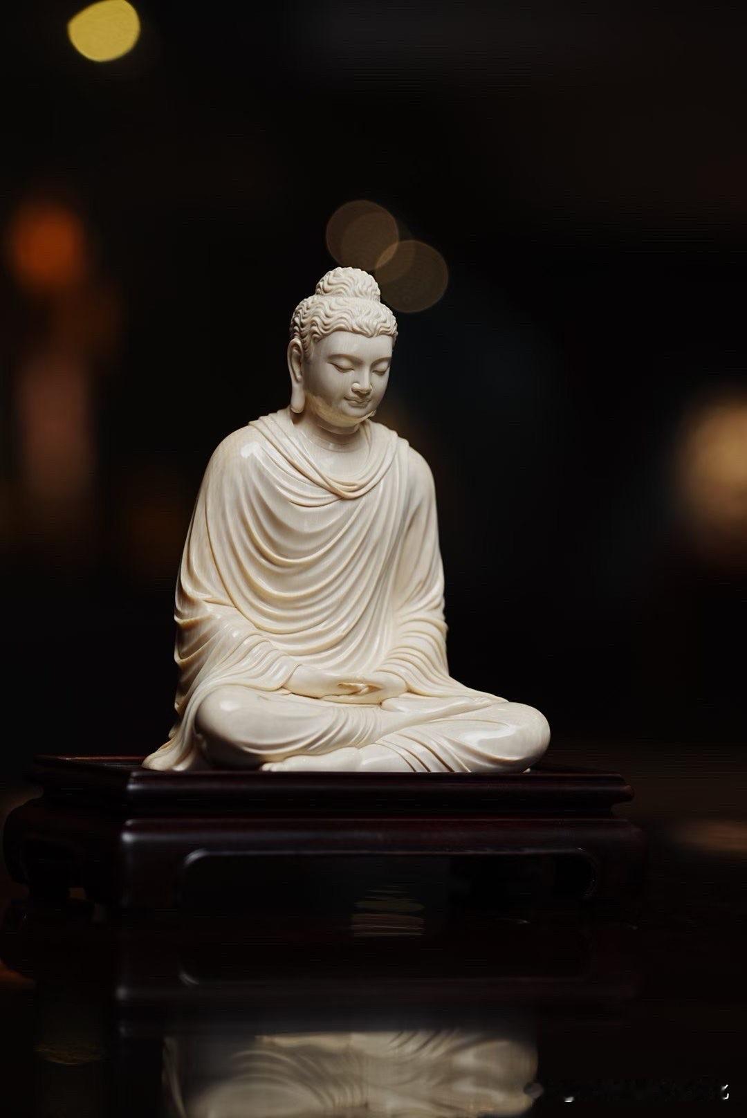 眉目微垂，静坐观心。释迦牟尼结跏趺坐，神态沉静温和，衣纹随身形自然舒展。猛犸