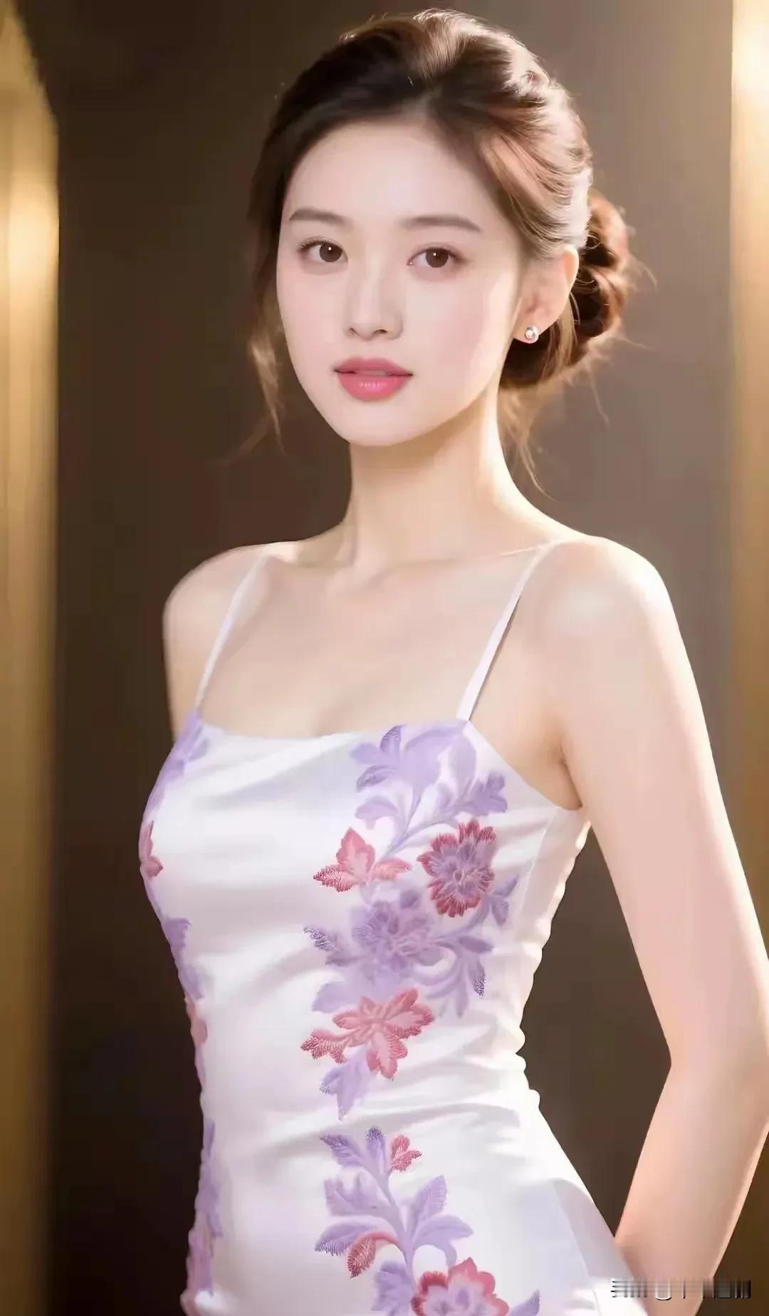 女人味的魅力在哪里?丝质吊带裙缀满烂漫花簇，低盘发衬出温婉轮廓，在柔光灯影里，