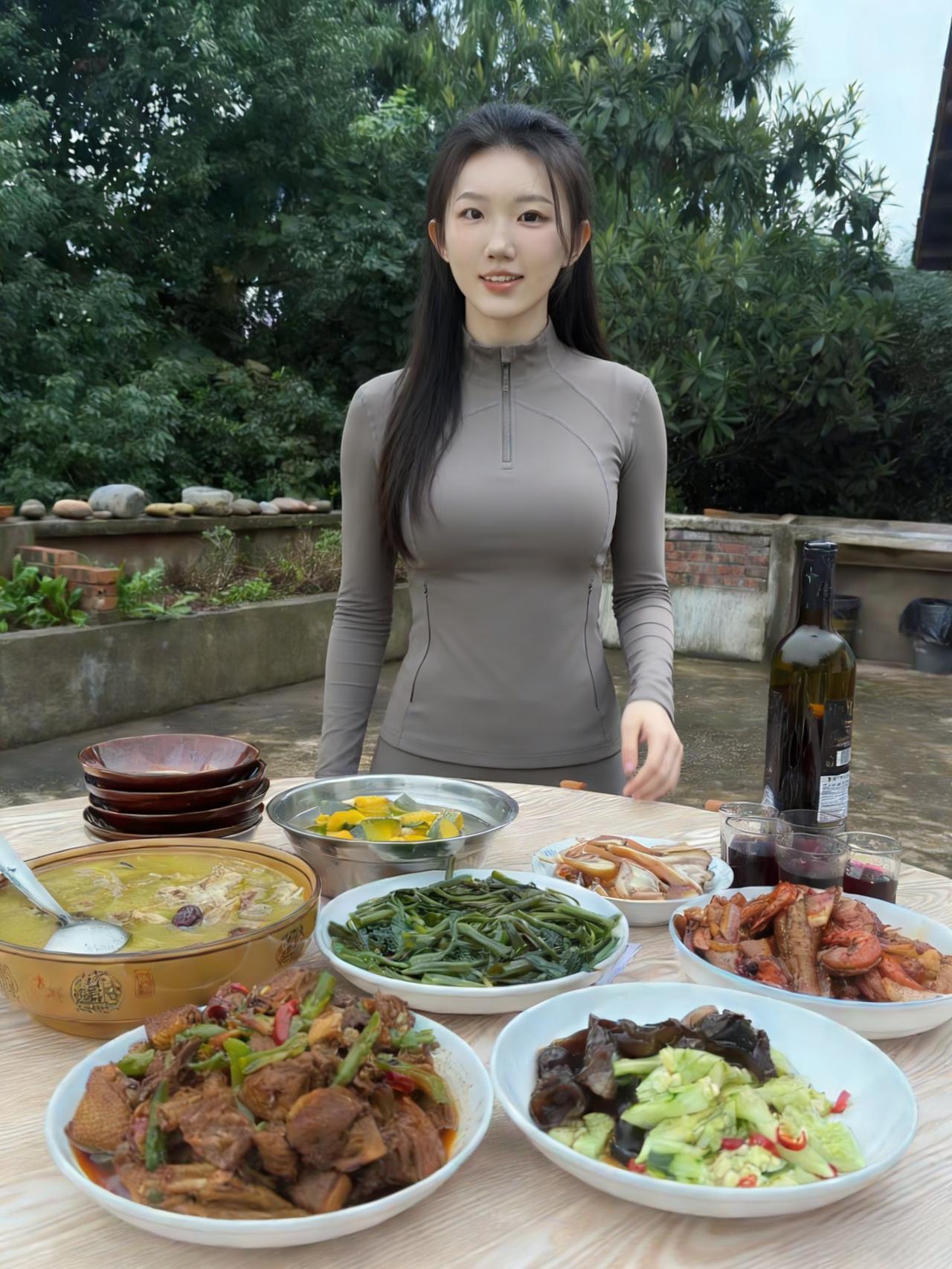 木桌摆开沸腾的生活腊肉的油光溅在瓷盘边缘你站在酒液摇晃的光影里像一株植在烟