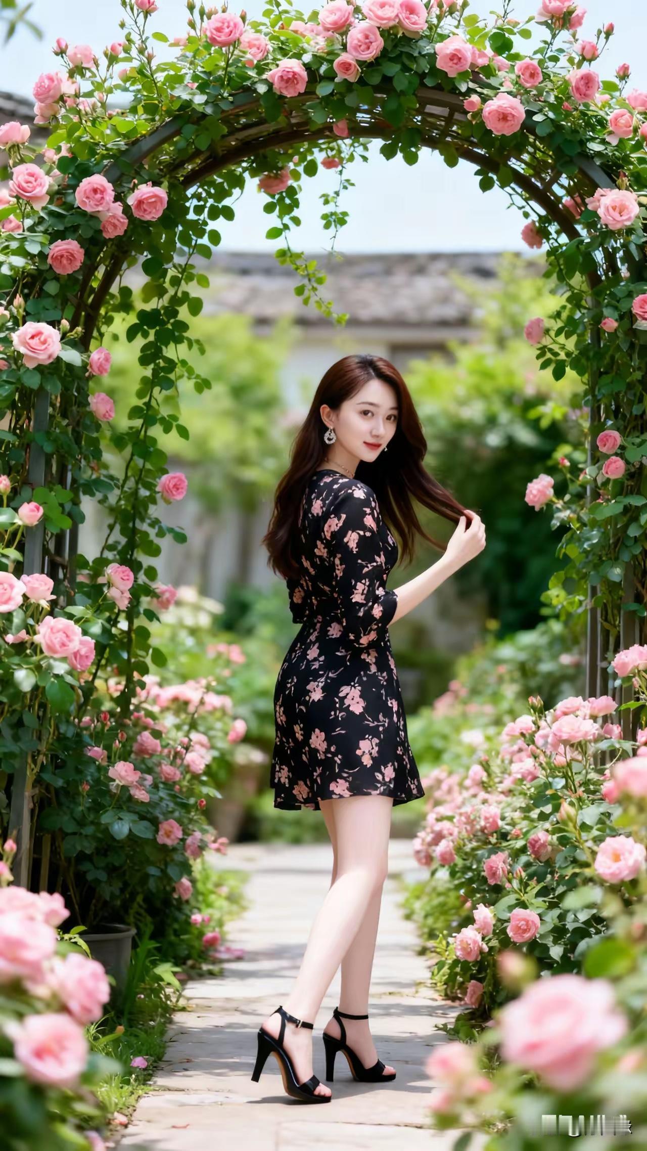 粉嫩玫瑰拱门下，优雅黑裙少女漫步