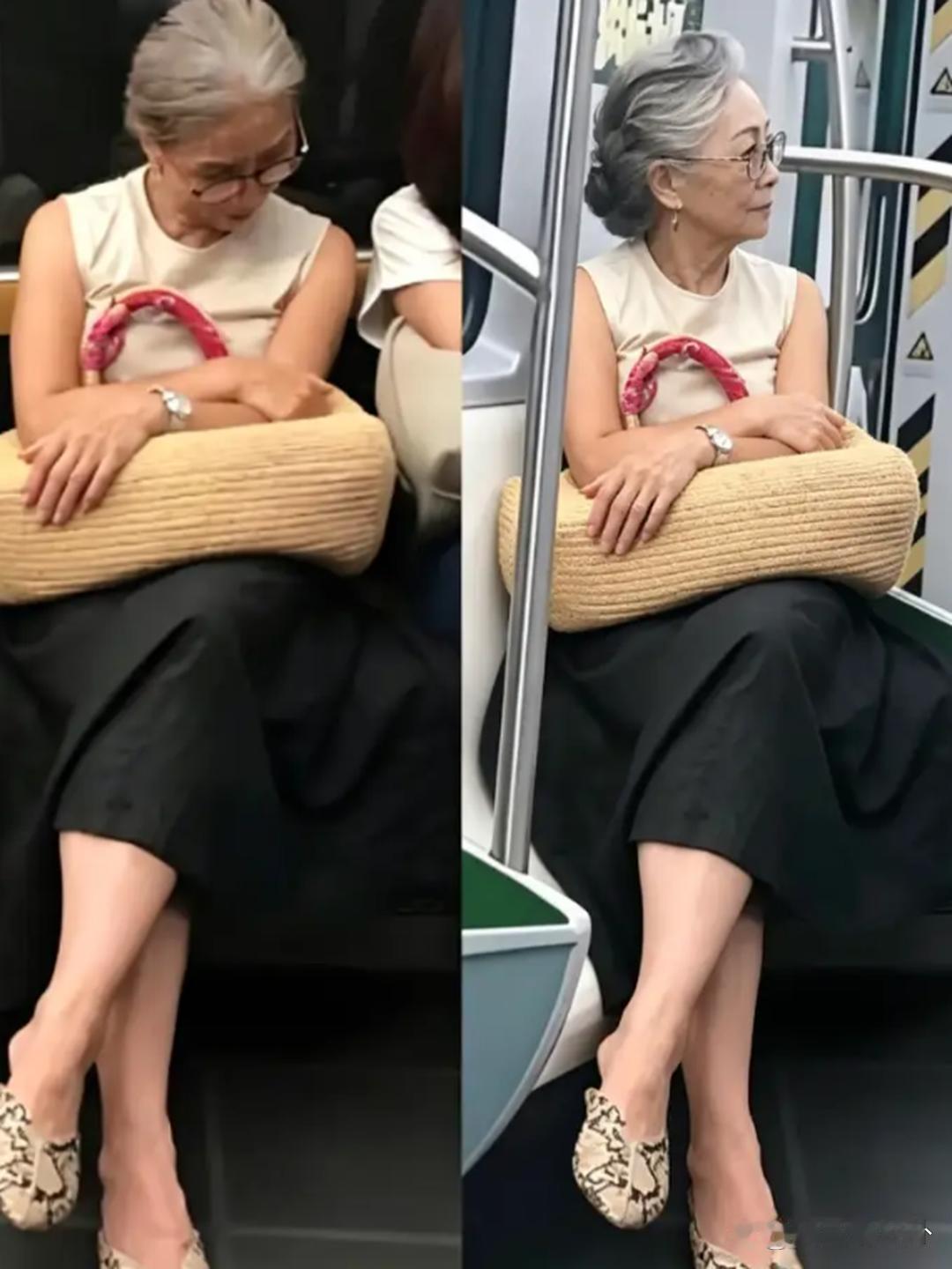 哇哦，那些爱穿得花里胡哨的大妈看过来啦。地铁上这位老奶奶的穿搭，绝对是多数大妈