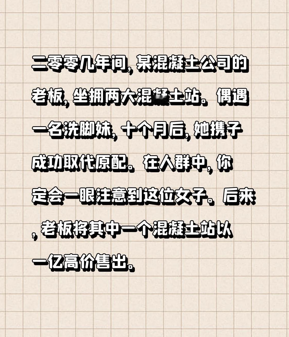 二零零几年间，某混凝土公司的老板，坐拥两大混凝土站。偶遇一名洗脚妹，十个月后，她