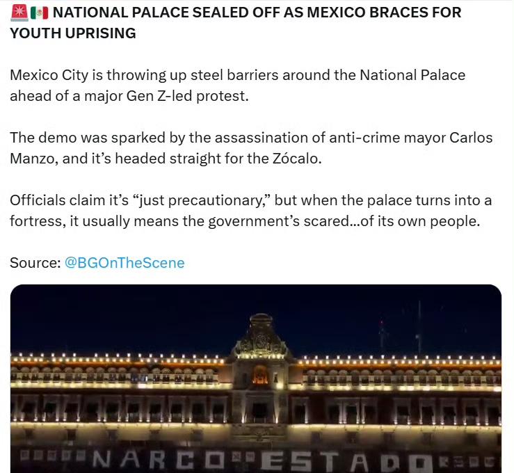 墨西哥城在总统府周围竖起钢铁屏障，以应对一场由Z世代主导的大规模坑议活动。