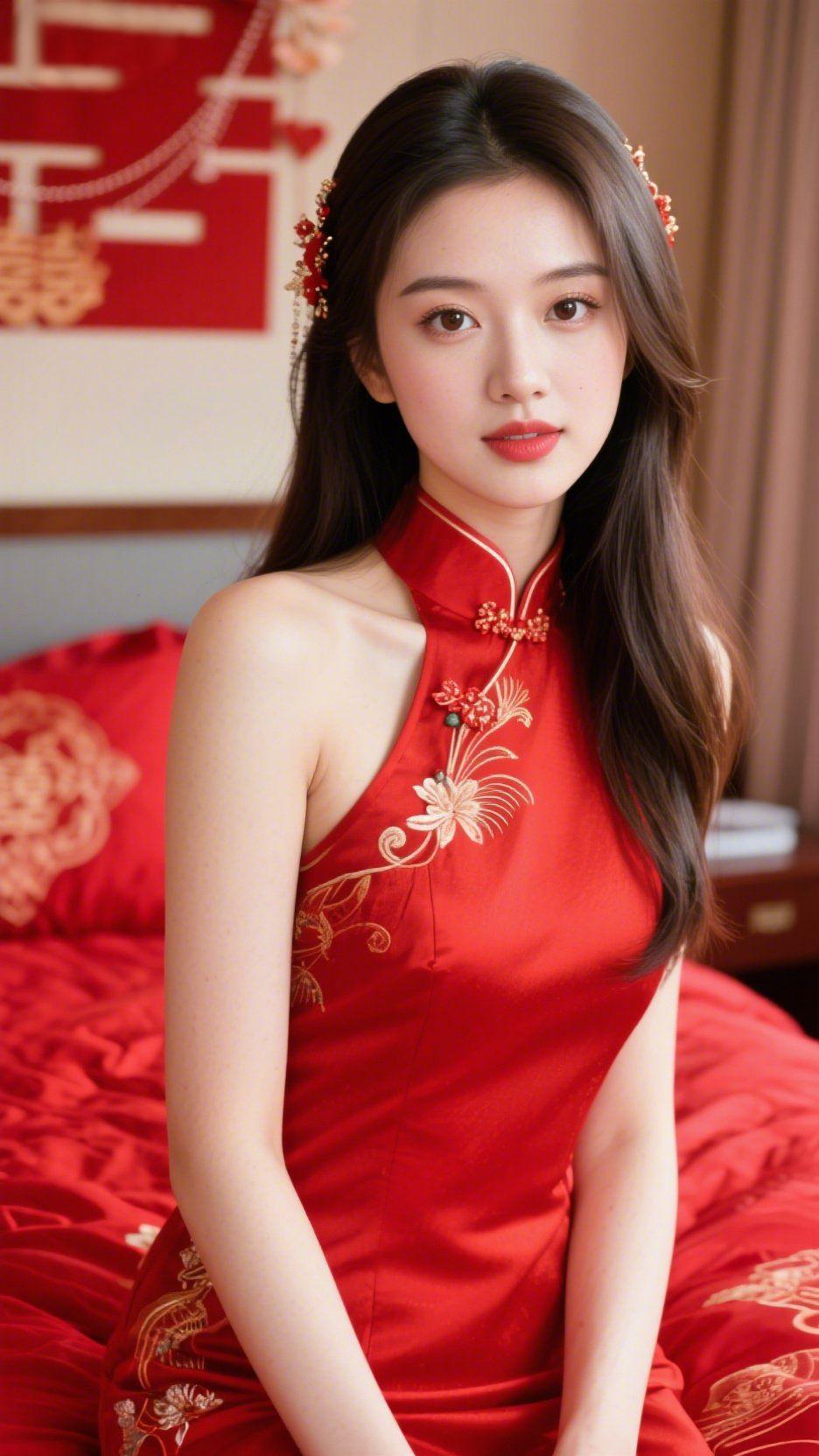 红裙里的吉庆柔正红裙身裹着缎面柔光，金绣花枝顺着襟口轻落，像把春日的明艳凝