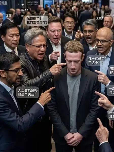 众矢之的！扎克伯格被互联网众大佬围攻！据说这是今天传遍全球的一张AI图片。扎克