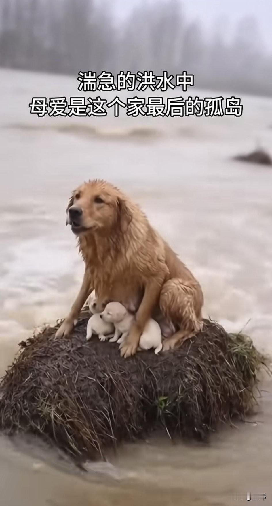 太感人了！一个小镇发生了洪灾，一只狗妈妈和它的狗宝宝被困在了一个孤岛上，湍急的洪