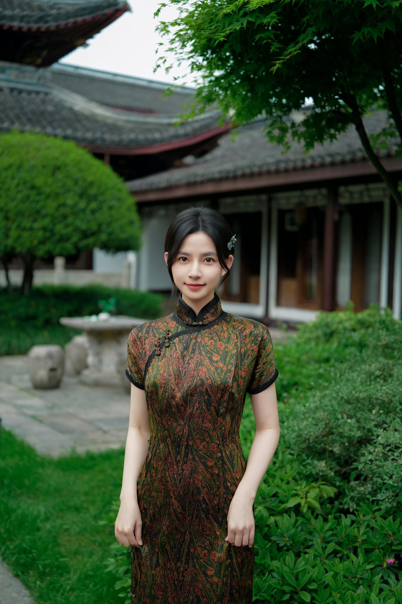 一袭香云纱旗袍，缓步踏入江南旧梦。亭台水榭，廊下荷风，时光在衣料的纹路里静静