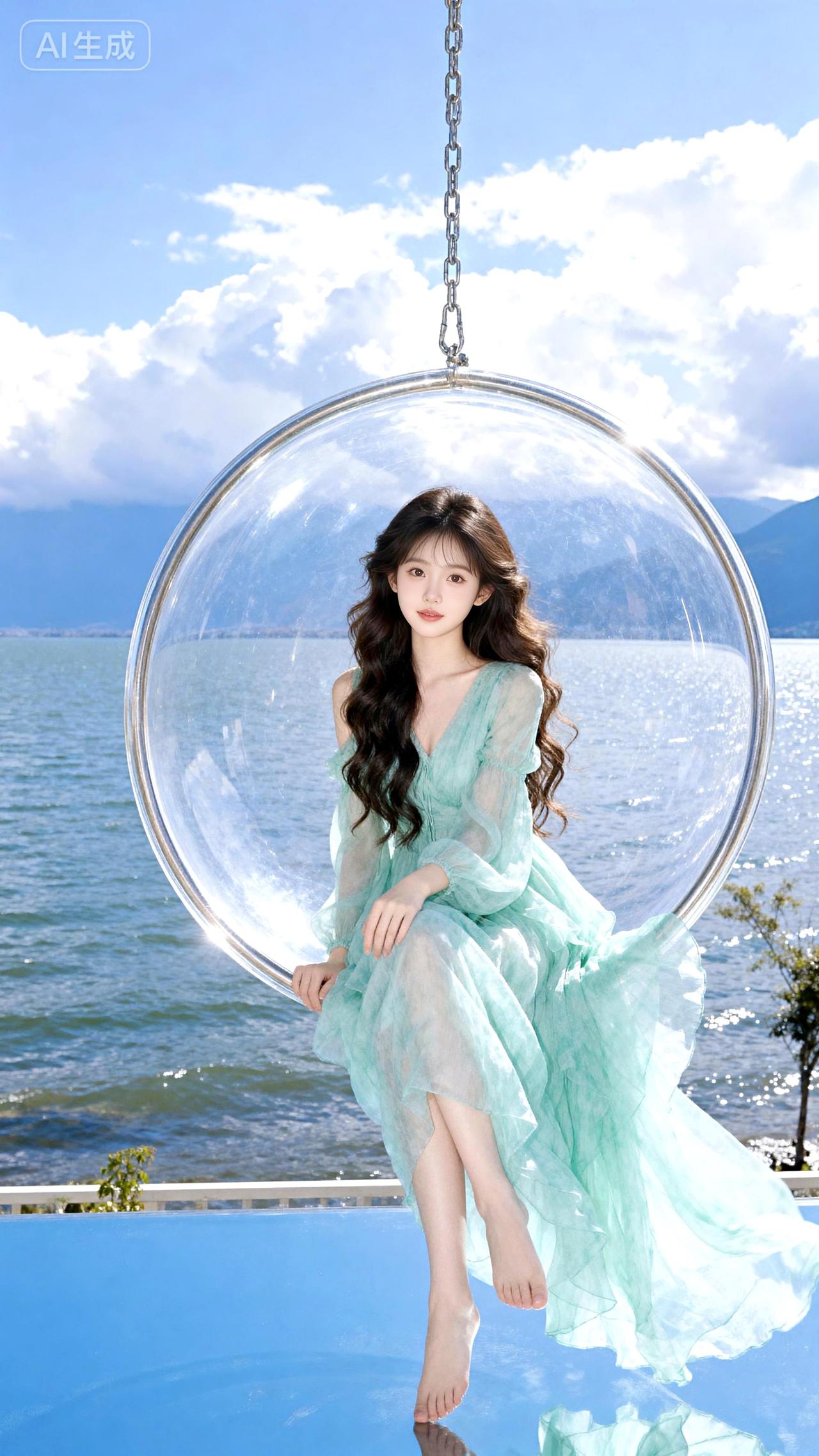薄荷裙裁碎一襟湖风，透明吊椅栖着云与山的影，裙摆垂落处，是波光里漾开的轻梦。壁