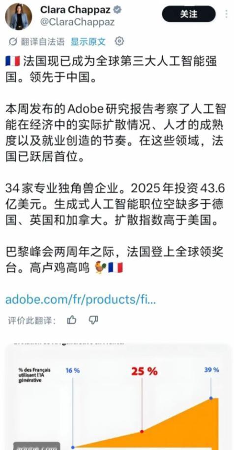法媒：法国现已成为全球第三大人工智能强国，领先于中国 2026年7月，一条来