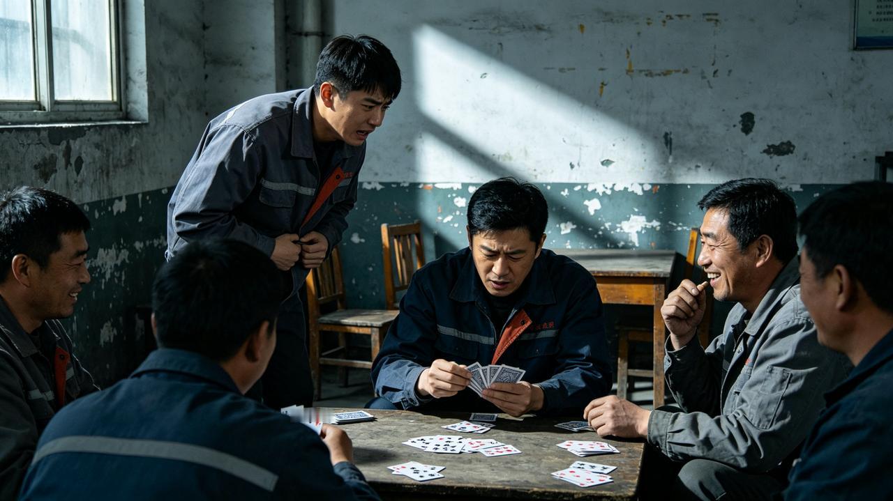 喷漆车间连着三天停机待料，工人们聚在休息室打牌。小杨刚来一个月，很着急，跑去问