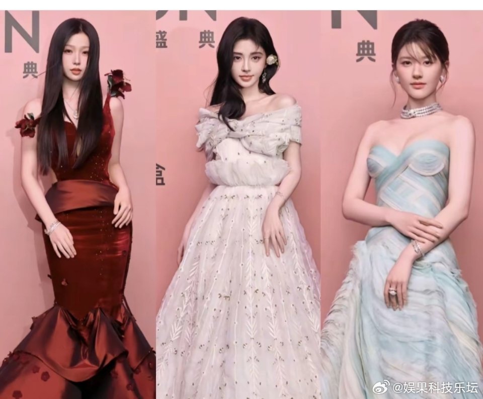 内娱红毯三大甜妹，风格完全不同。鞠婧祎精致美艳，自带氛围感；赵露思灵动可爱，亲和