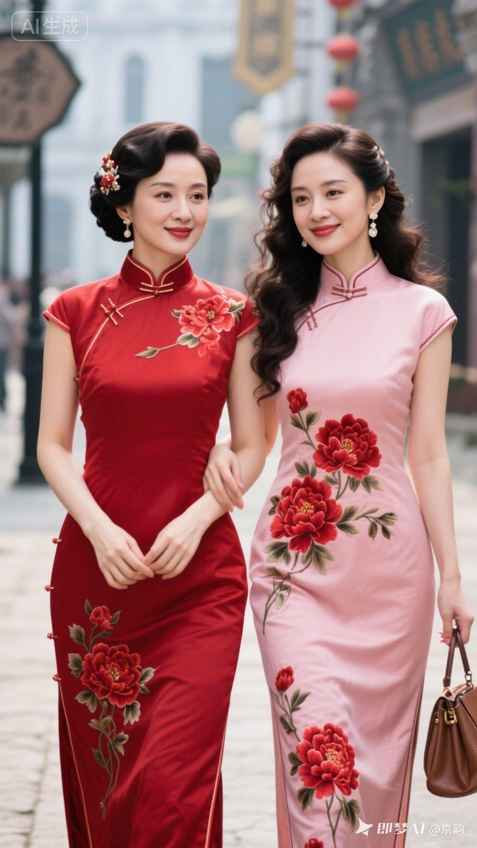 姐妹花手牵手，旗袍美如画！🌸👠