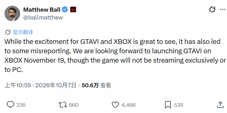 XBOX首席战略官MatthewBall发文否认XBOX将独占《GTA6》的云
