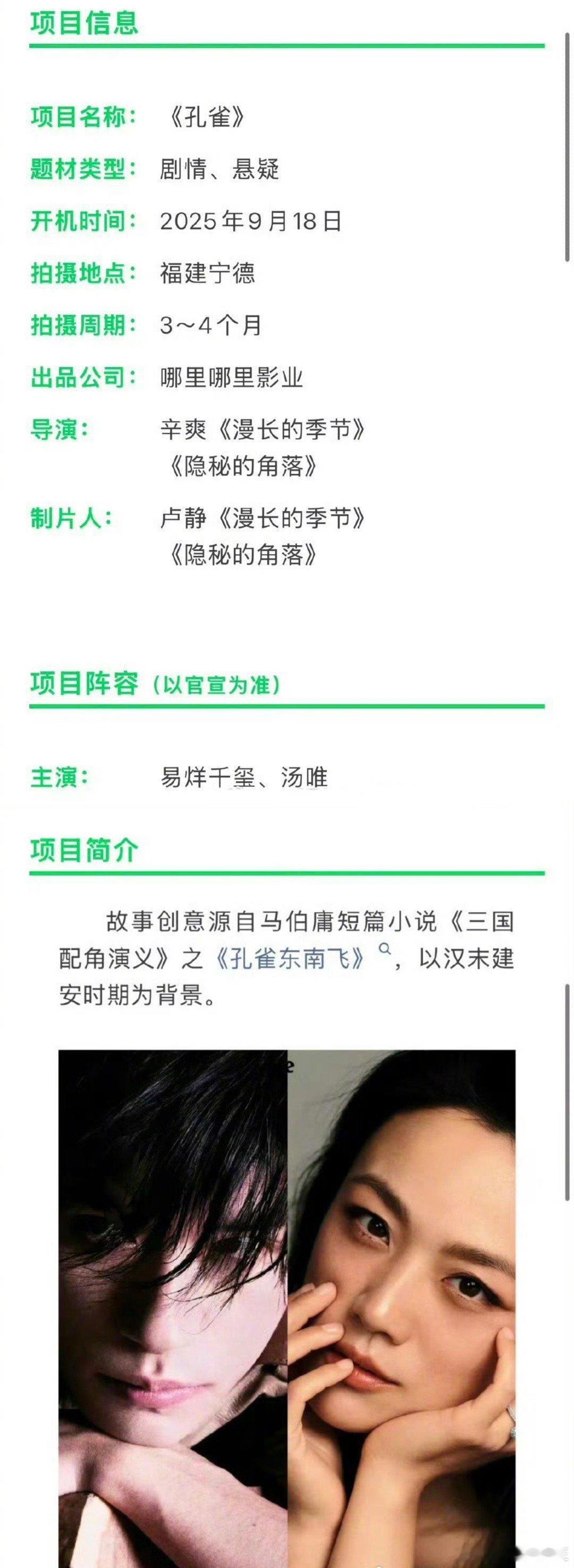 易烊千玺的待播作品，这在内娱没有对手吧？《孔雀》导演：辛爽；主演：易烊千玺、汤唯