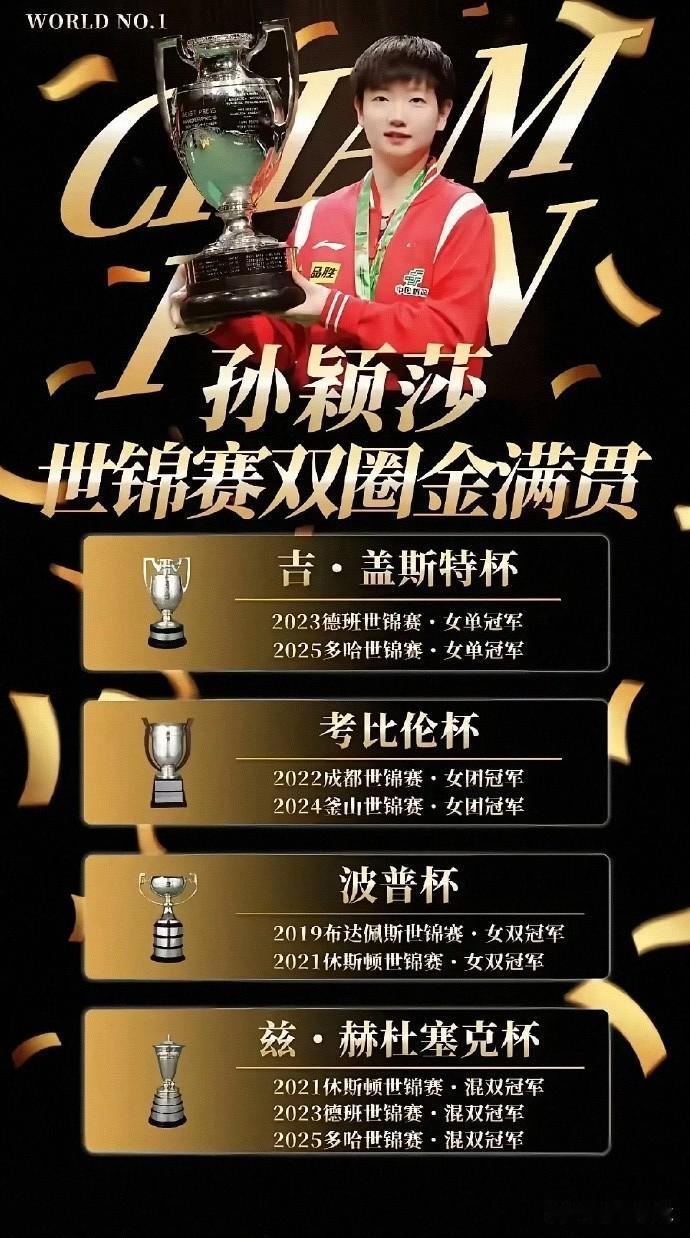 孙颖莎的职业生涯最好成绩包括‌乒乓球世界杯女单三连冠‌（历史首位）、‌双圈世锦赛