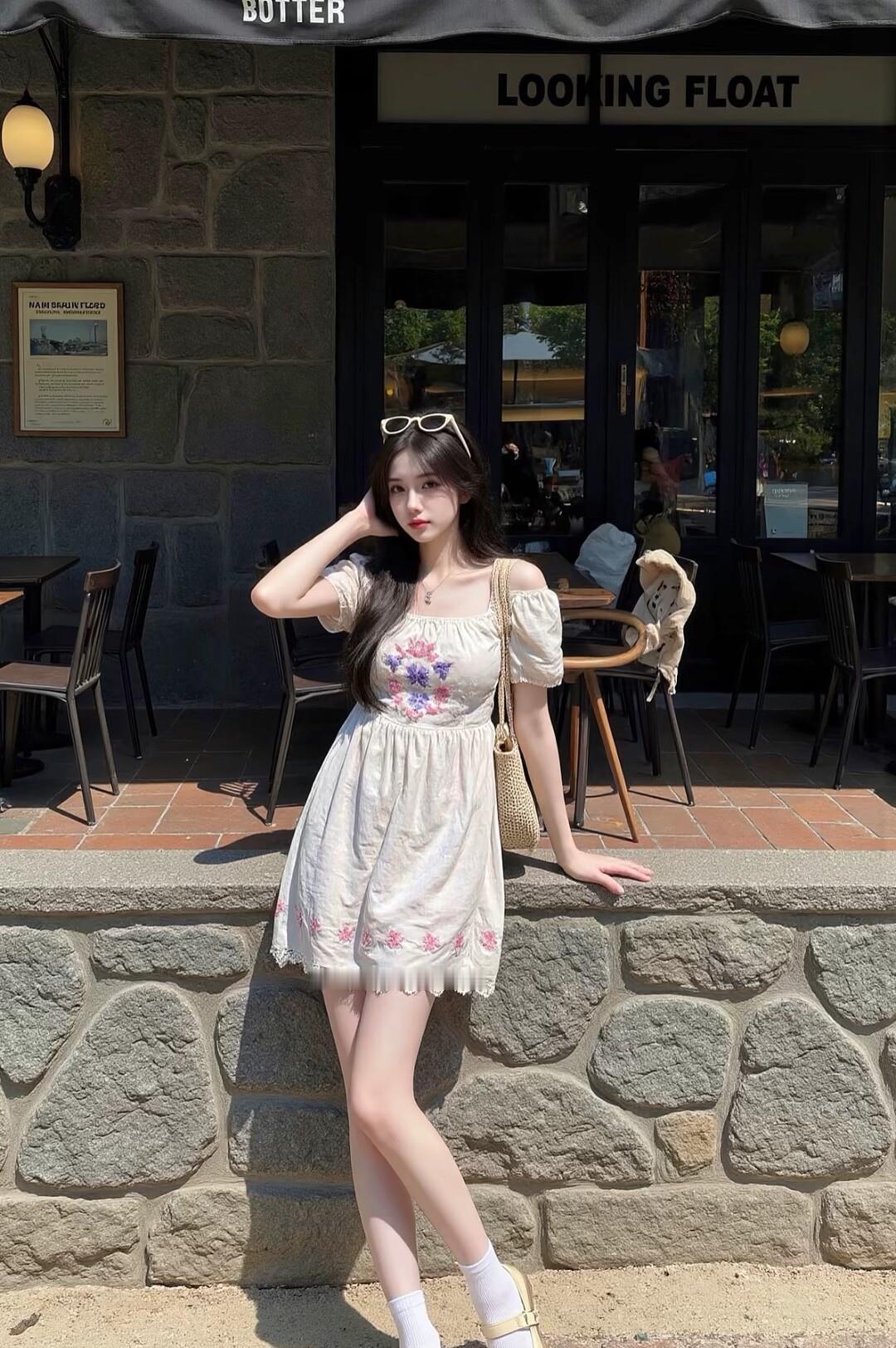 夏日甜美穿搭，浅黄色碎花连衣裙，搭配白色高跟鞋，轻松优雅，尽显夏日风情。