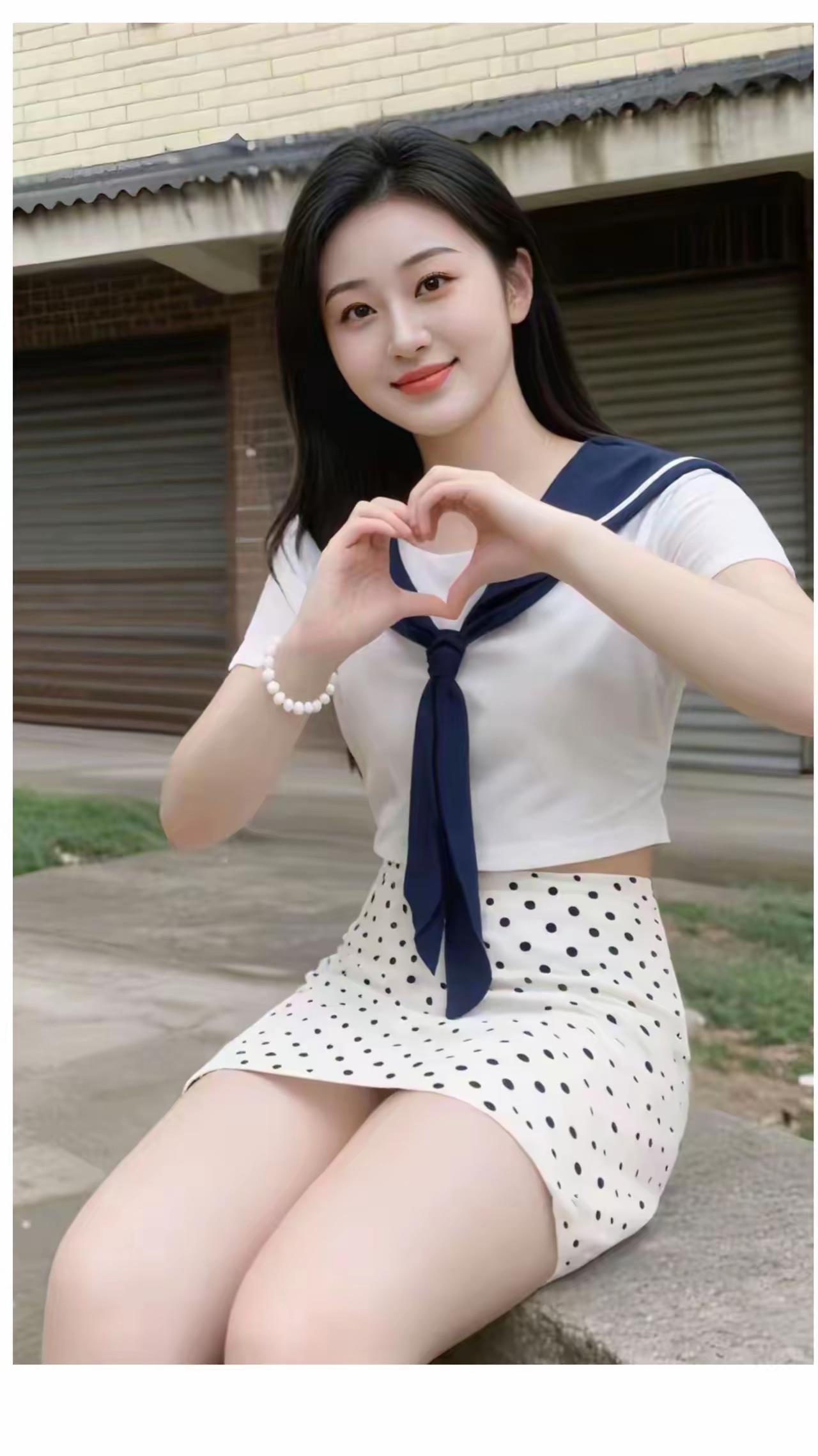 一个女孩坐在外面比心。