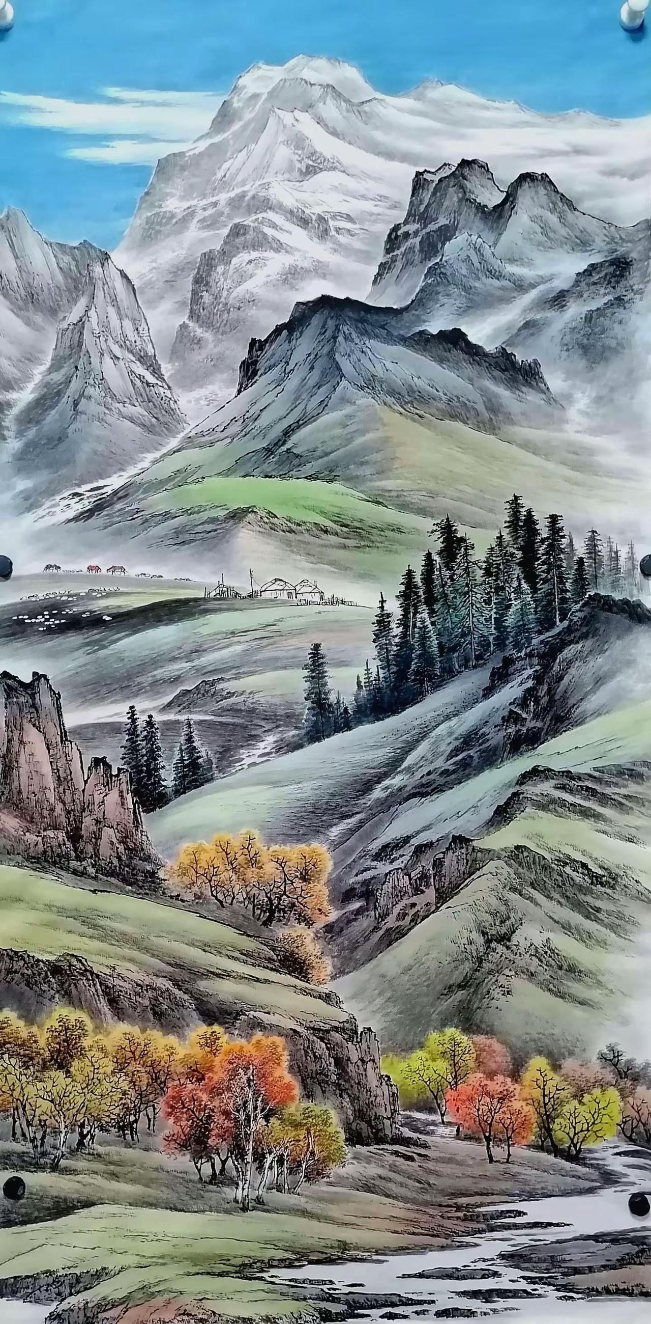 大漠金秋。国画山水创作者中心创作灵感手绘风景意境山水画