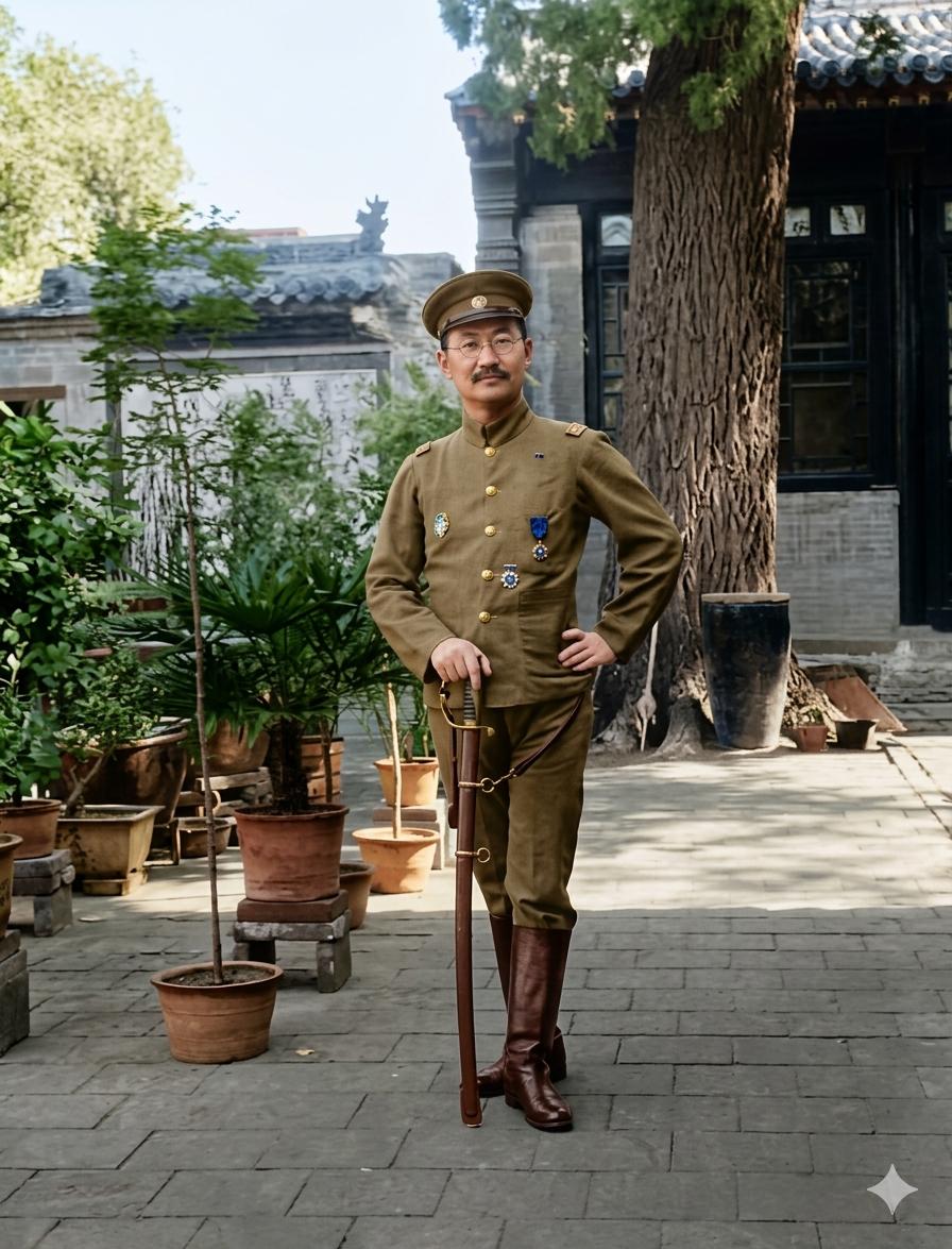 这是一张孔祥熙早年军装肖像老照片，他身穿立领军装，配制式大檐军帽，胸前缀勋章荣誉