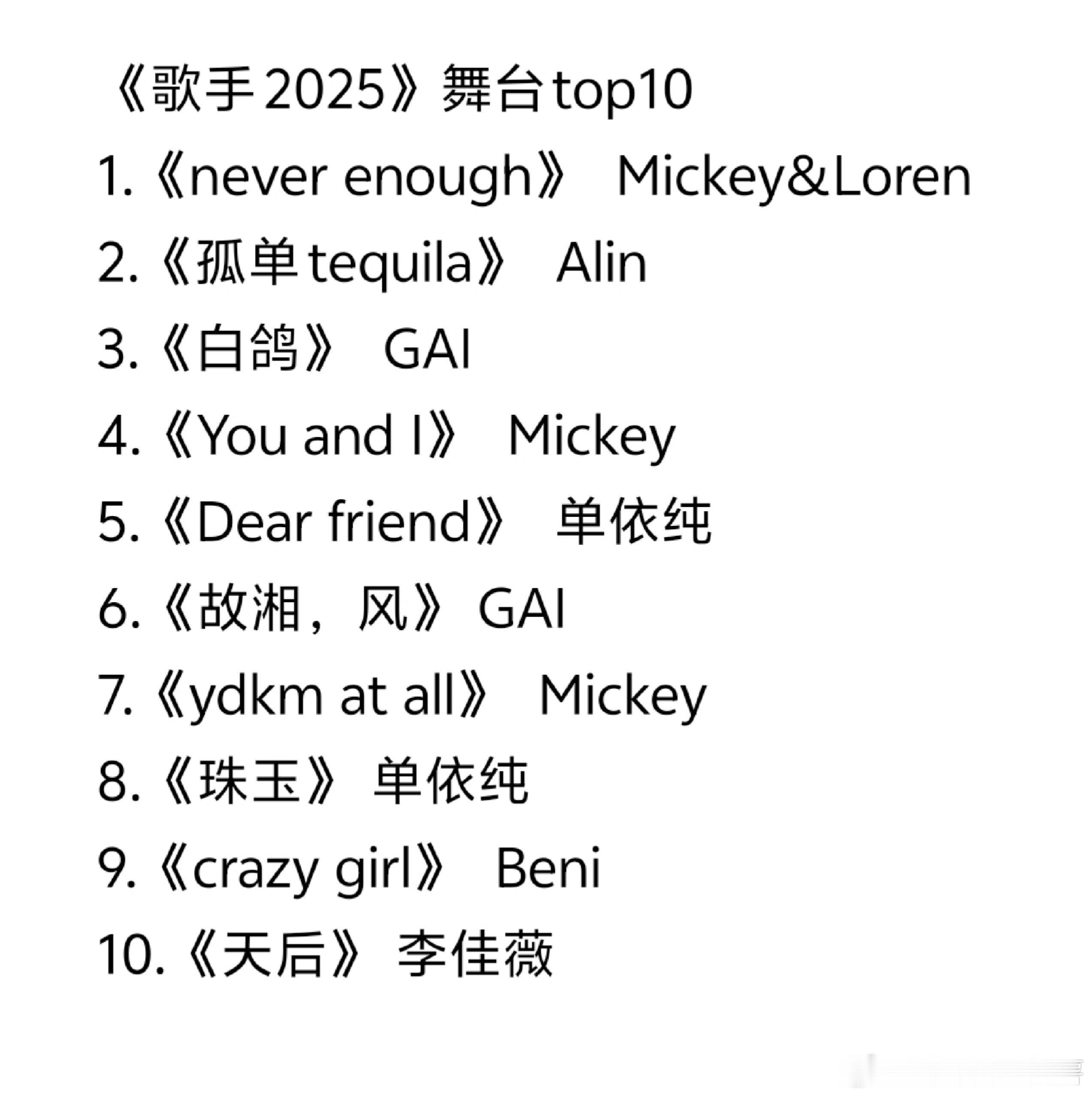 歌手歌手2025舞台top10！留下音乐才是最棒的！1.《never