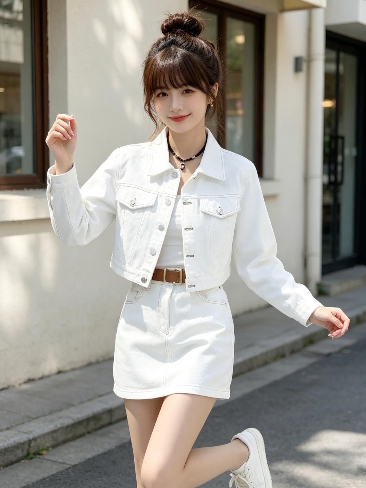 清新少女风穿搭，白色牛仔外套+短裙，元气满满！🌞👗👠什么样的穿搭可以成为气