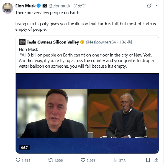 马斯克称地球人满为患只是错觉, 纽约一层楼可装下全球80亿人