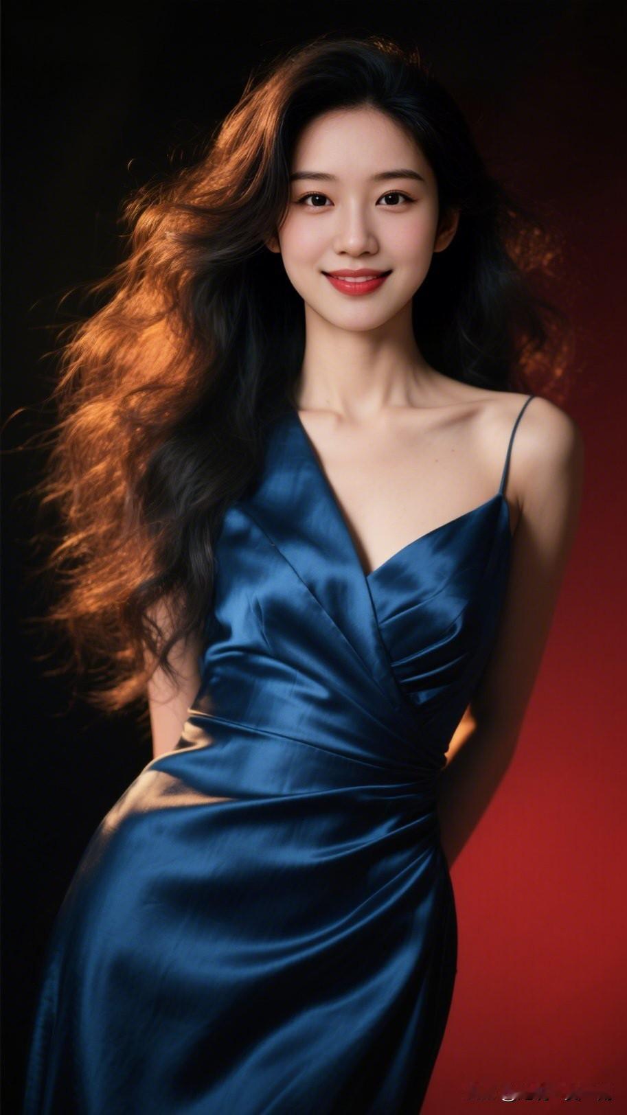 红袖添香夜，美人笑语间。美女究竟能有多美优雅蓝裙，迷人微笑，红唇轻启，散发迷人