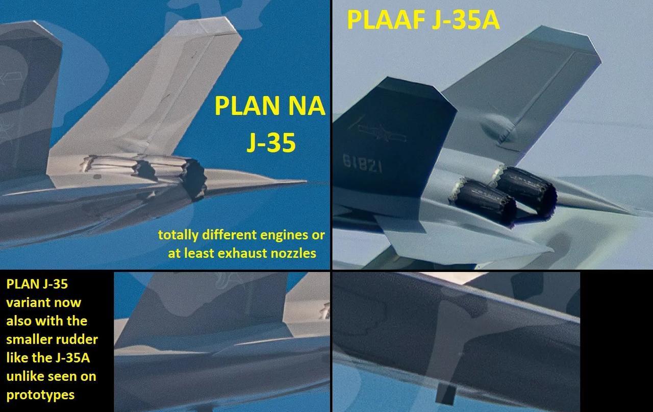 空军型歼-35A与海军型歼-35在尾喷管上有明显区别，后者为适应海上高温高湿高盐