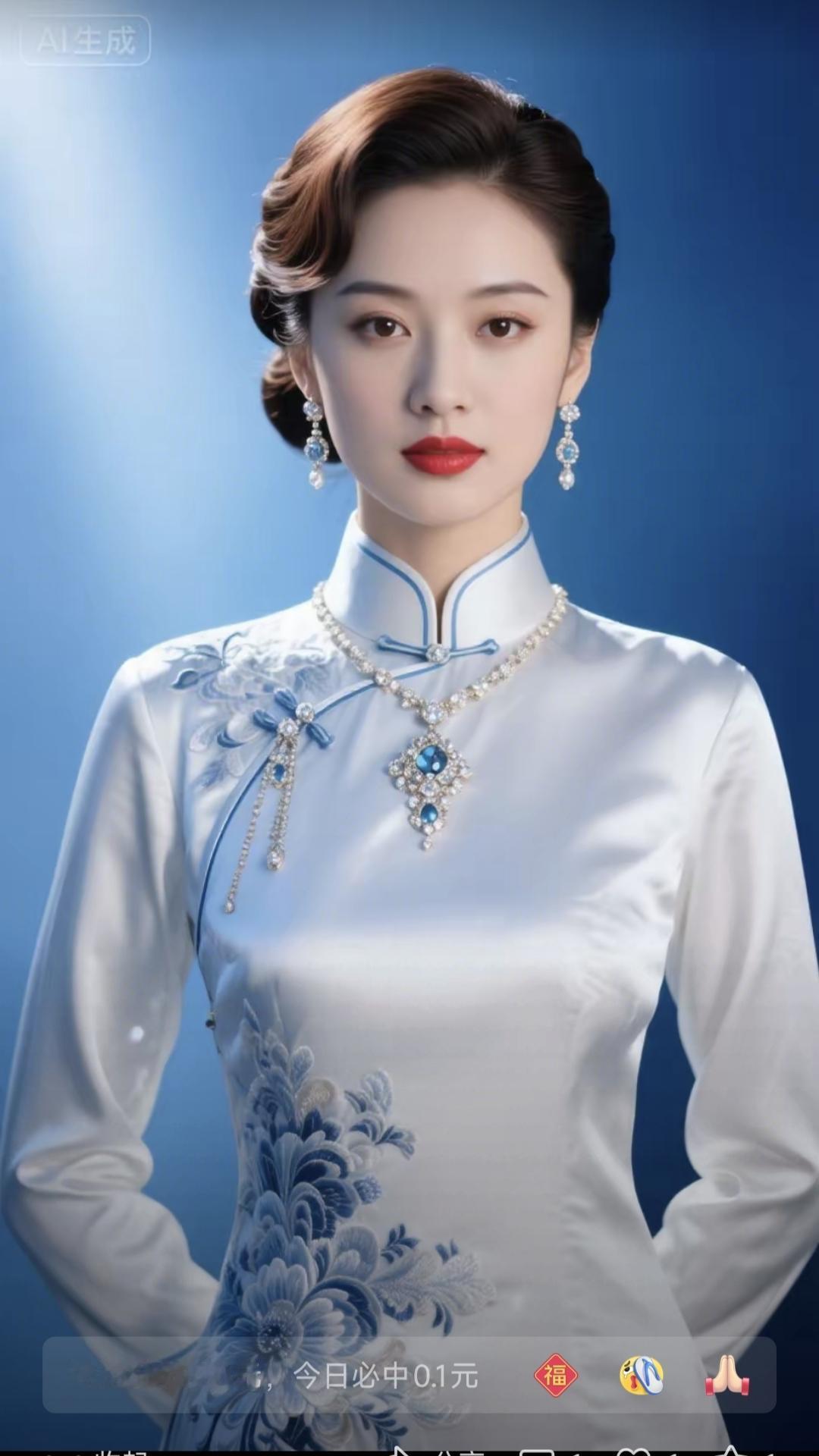 清江引·青花旧梦幽蓝幕中光影透，月白旗袍秀。缎光似玉柔，靛绣牡丹厚。民