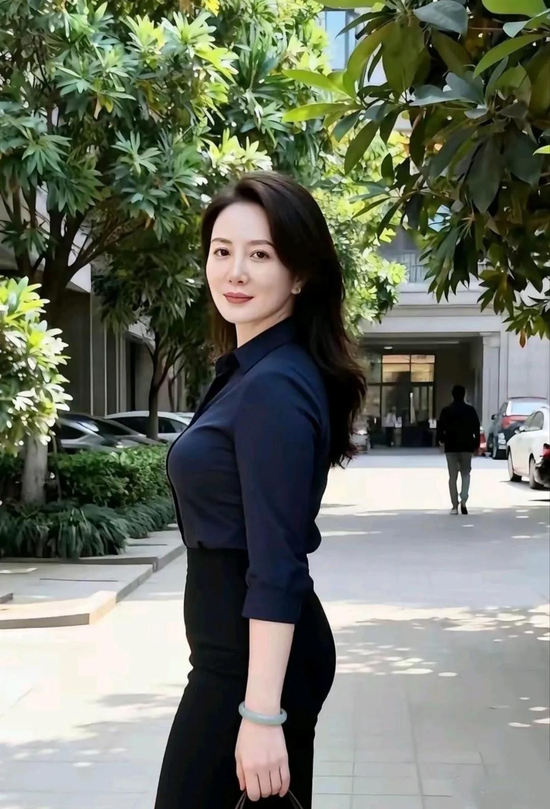 这位50多岁的女士气质杠杠的。她不仅身材苗条，而且打扮时髦。宛如18岁青春少女。