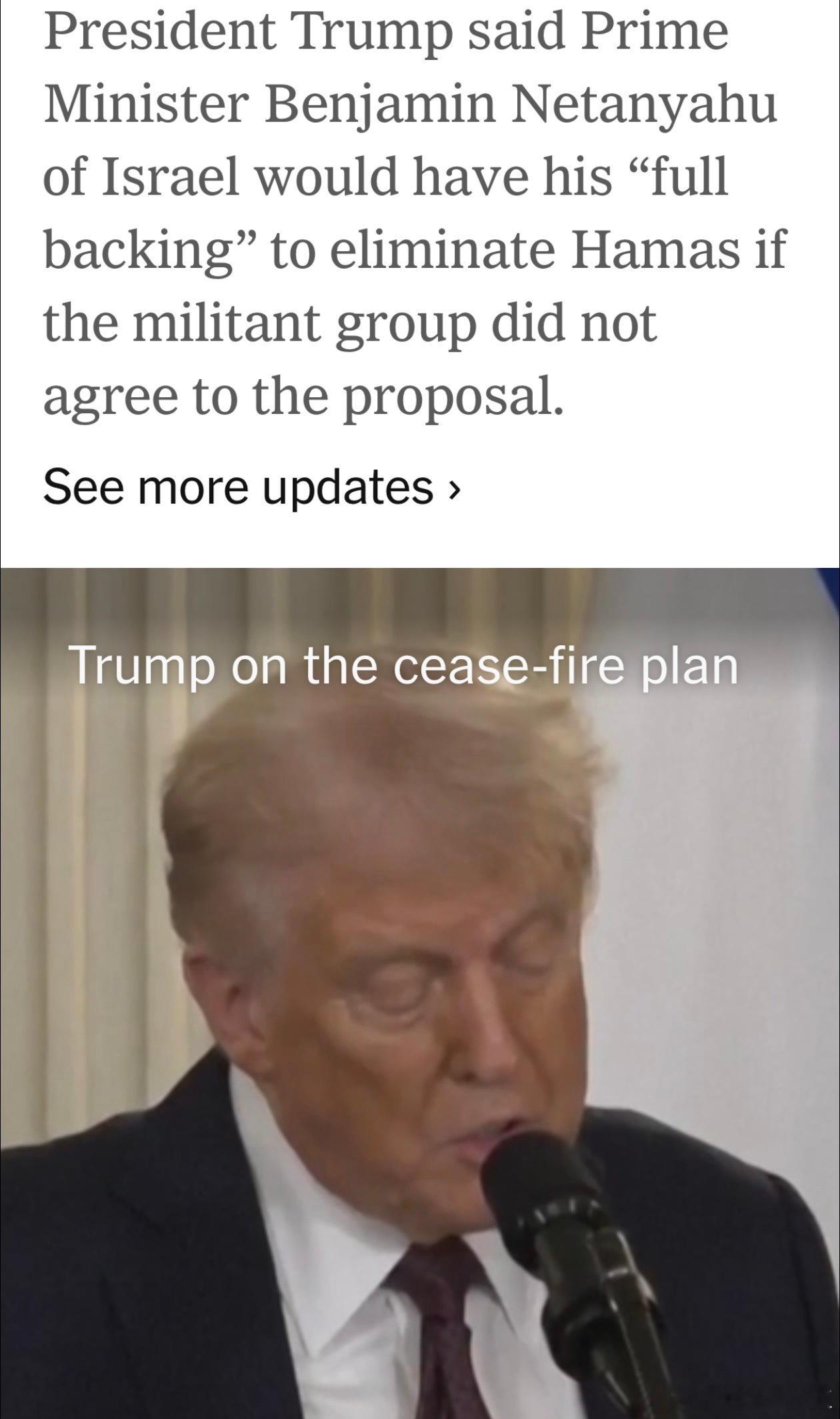 Trump推出“加沙和平方案”，称：如果哈马斯不接受，他会“全力支持”以色列消灭