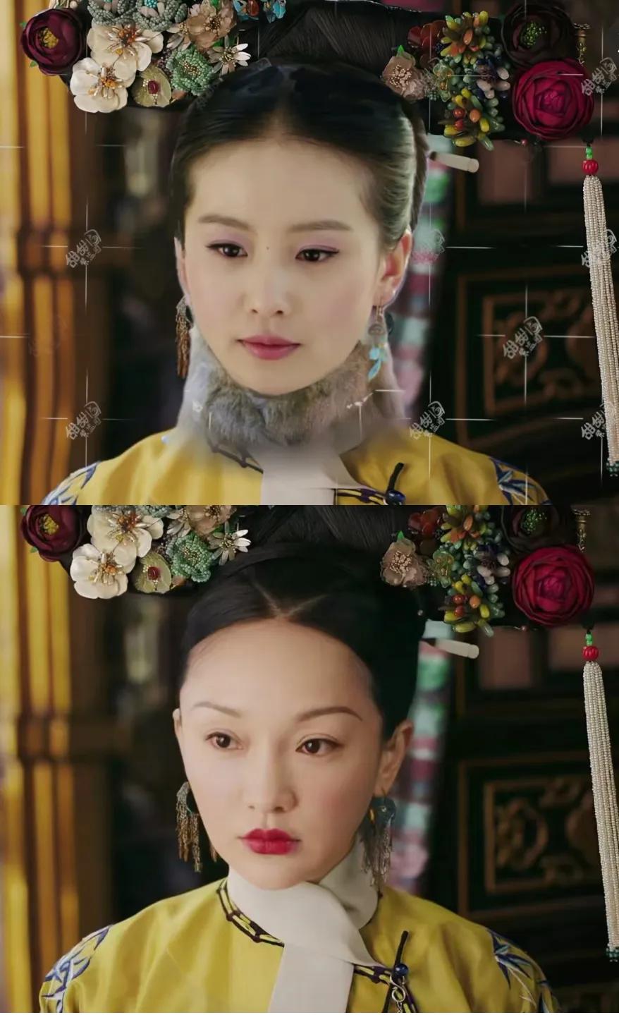 如懿的造型明明透着股老气劲儿，可搁刘诗诗演的若曦身上，愣是被驾驭得贵气十足！五官