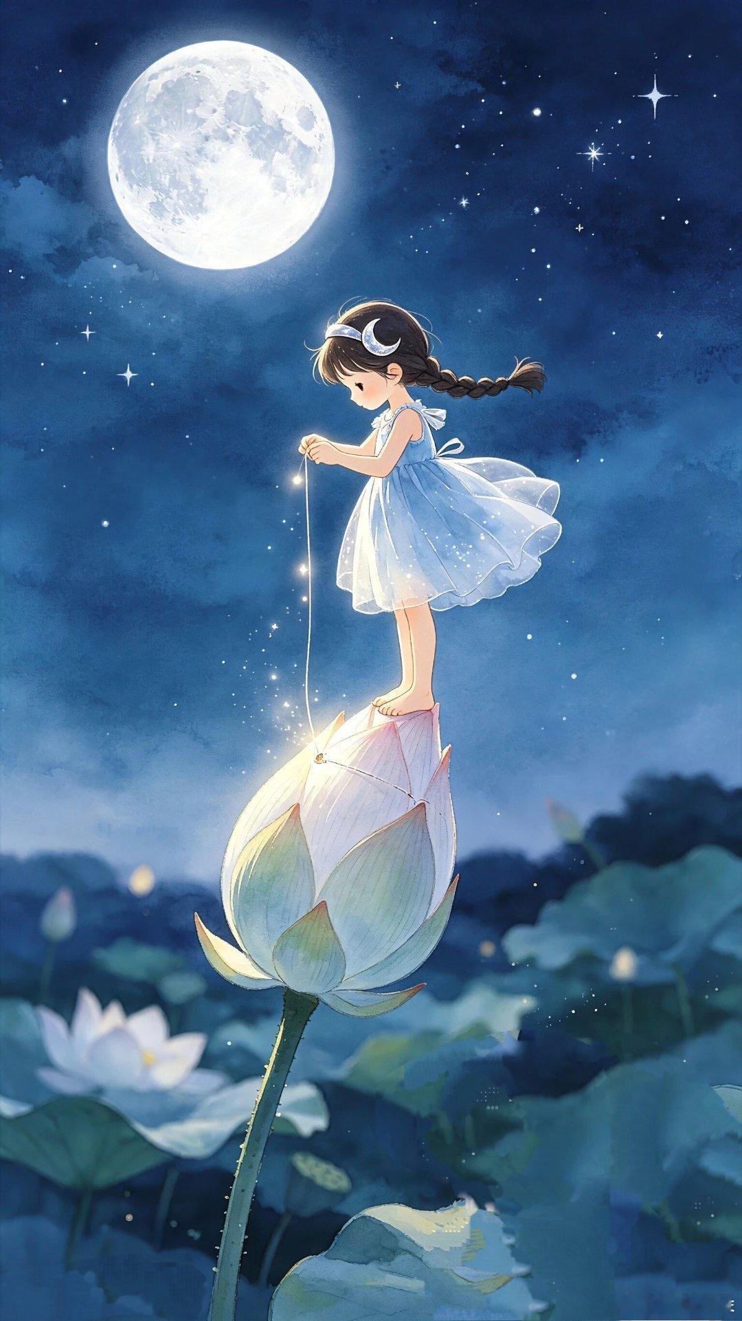 梦幻星空月下幸运女孩卡通壁纸