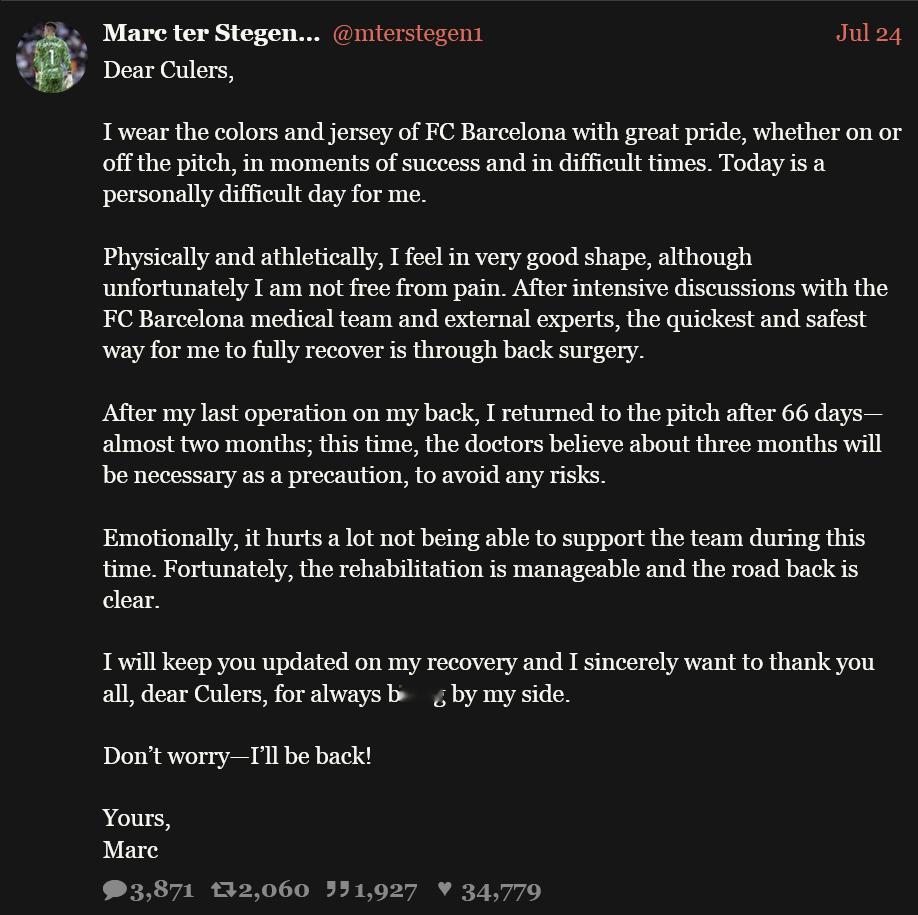 巴萨“暂时”剥夺terStegen的队长资格，让Araujo临时接任队长。巴萨