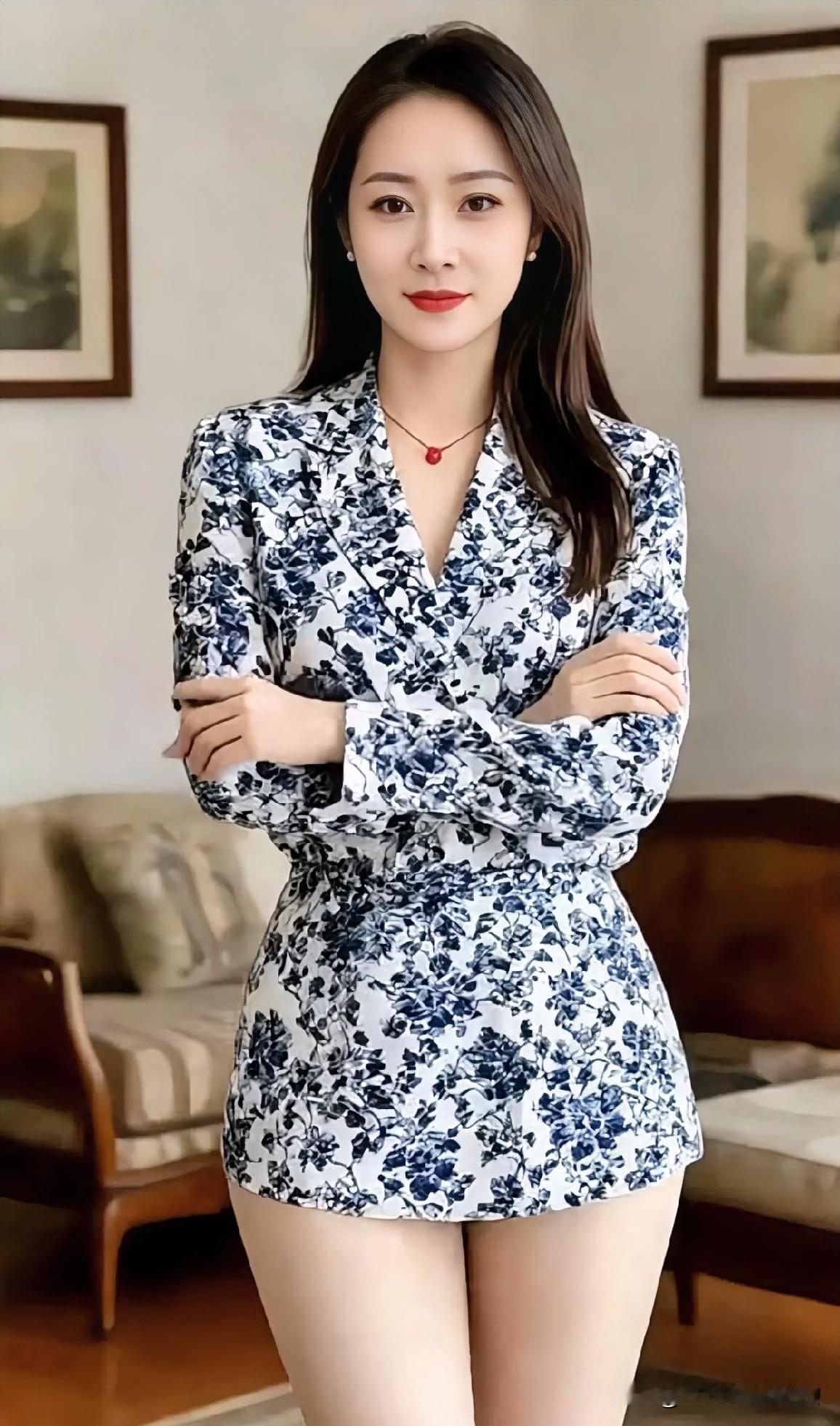 美不美你说了算💞💞蓝白碎花西装裙演绎摩登风情，抱臂而立，自信与优雅并存。