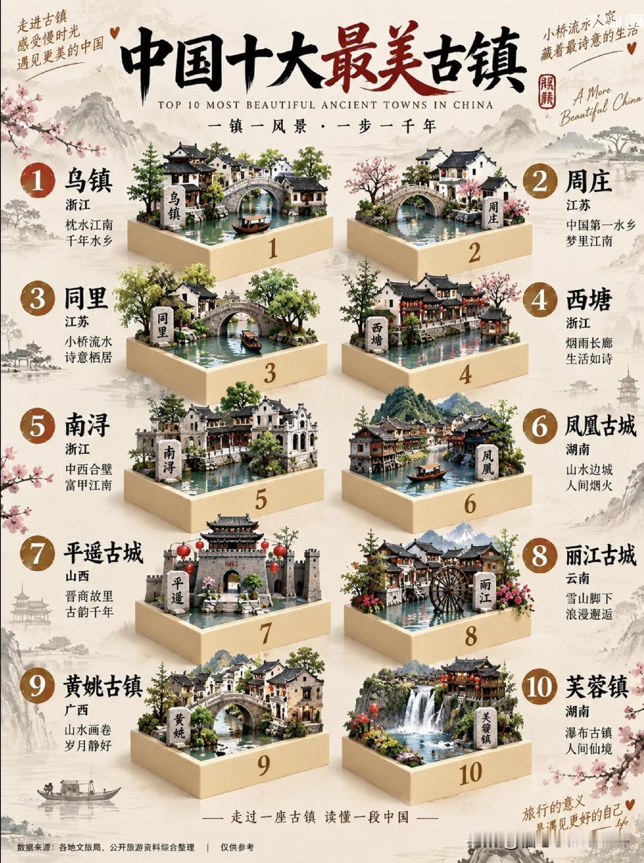 中国十大最美古镇，江南水乡占据主流。
