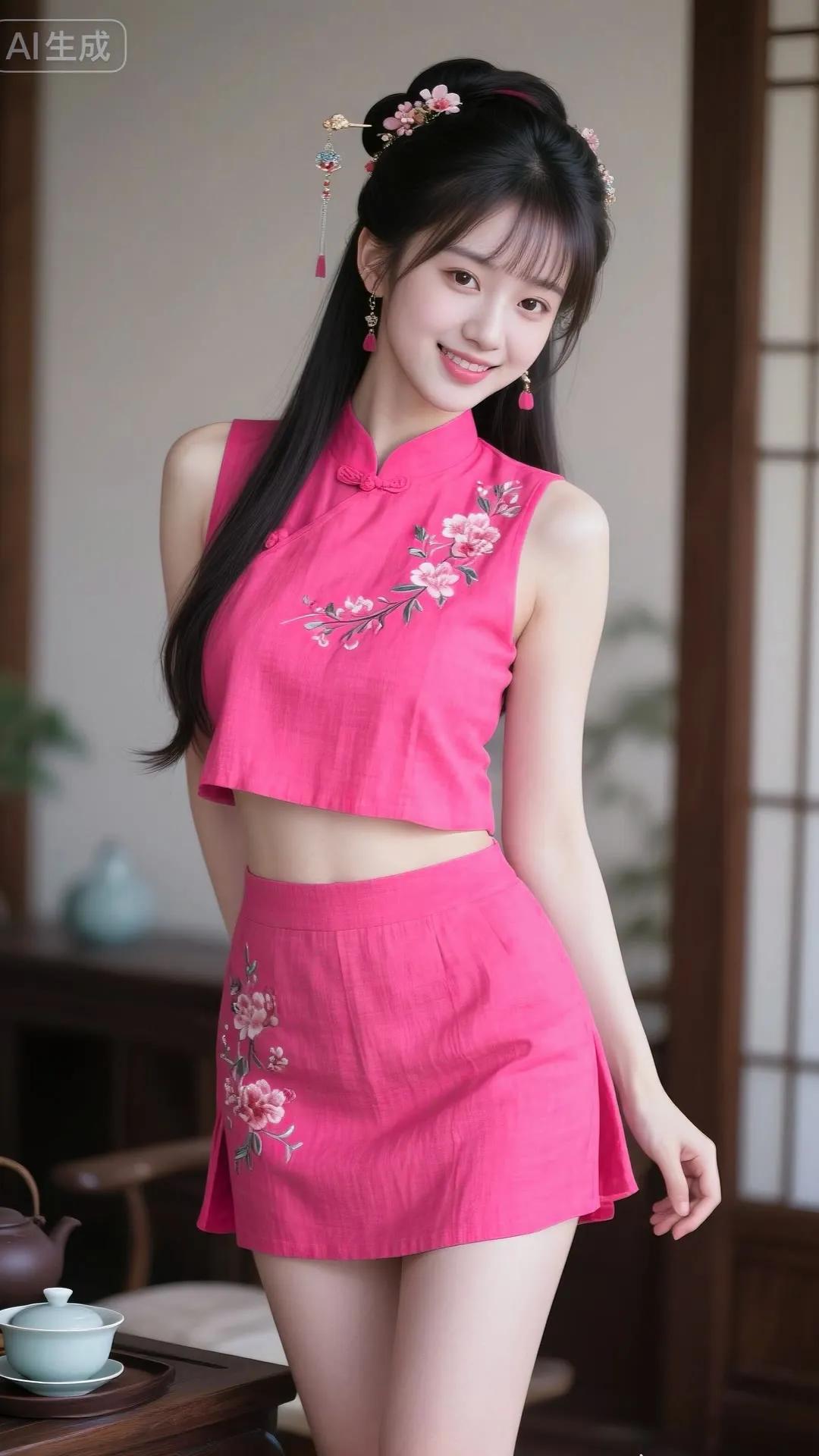 粉嫩少女风，古风刺绣旗袍，优雅动人