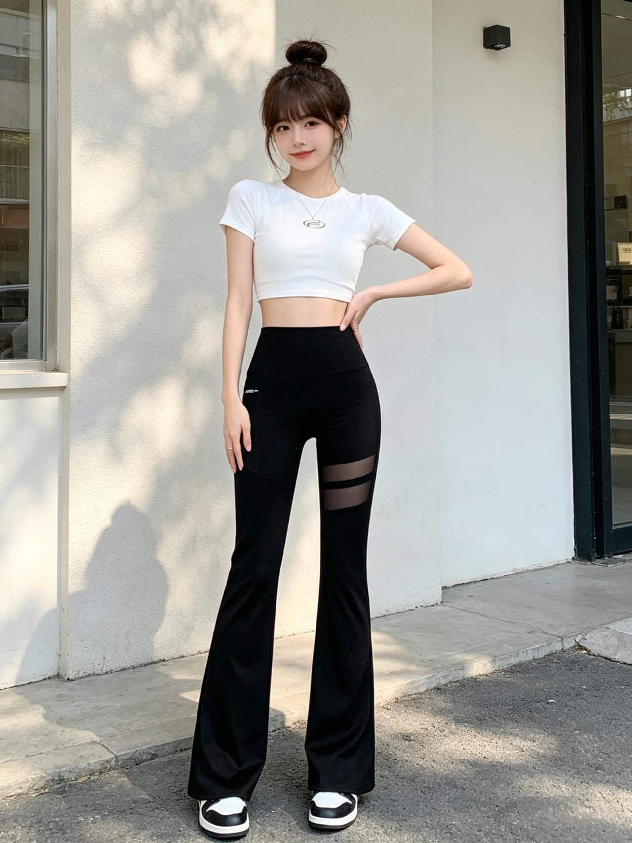 元气少女穿搭指南：白色短款上衣+黑色高腰阔腿裤，轻松凹造型！💕小个子女生如何选