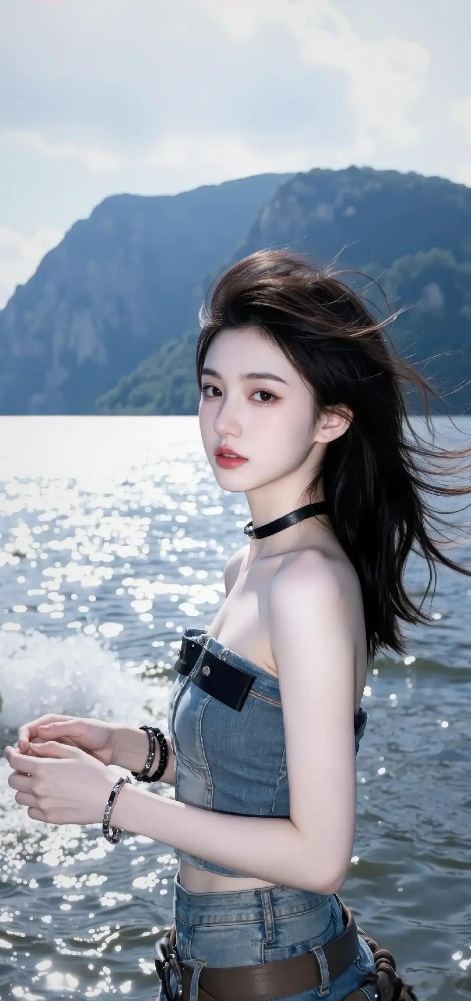 光之影夏日海边少女，牛仔风穿搭，阳光下的自由与美好。海边粉衣少女海边女神穿