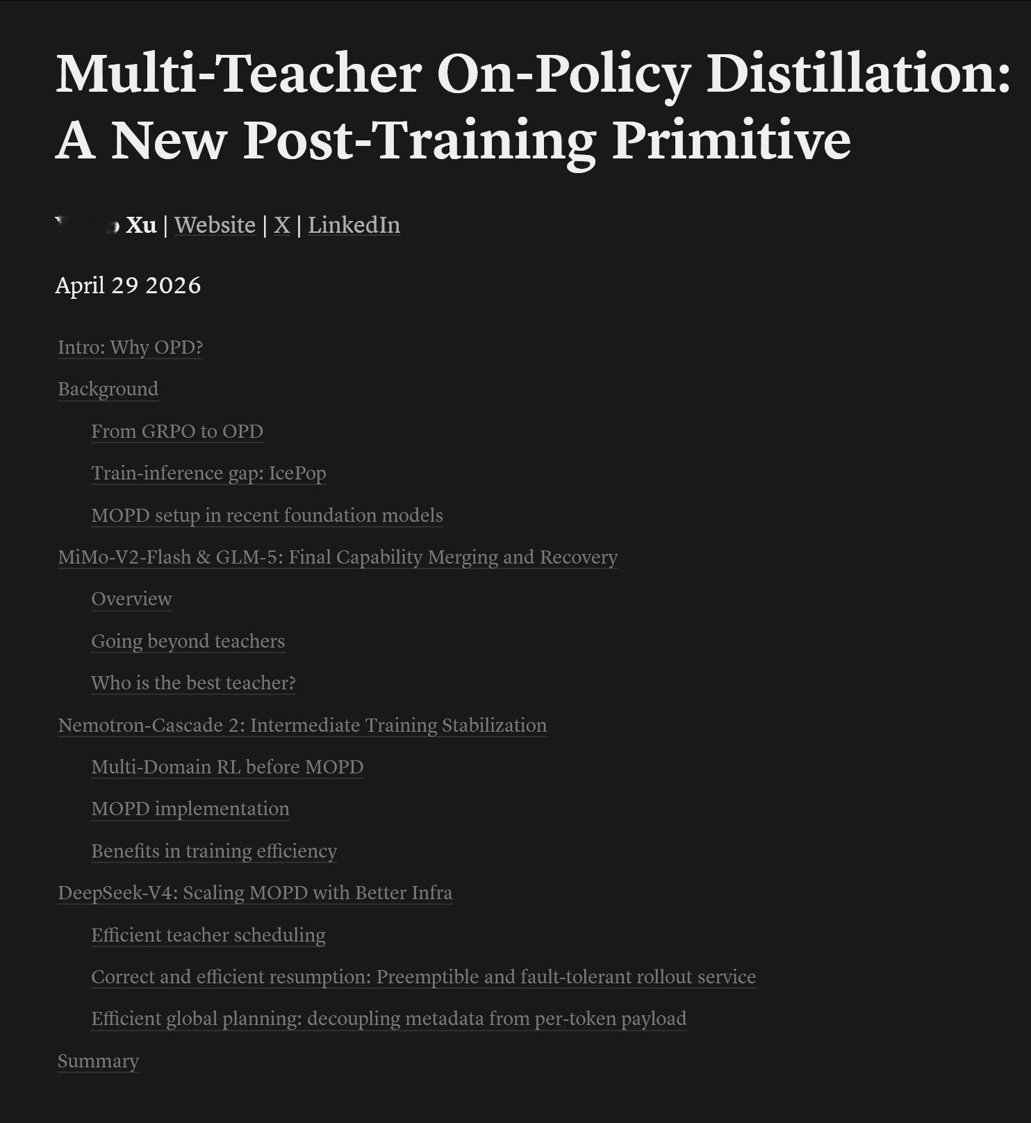 多教师在策略蒸馏：一种新的后训练原语MiMo-V2、GLM-5、DeepSeek