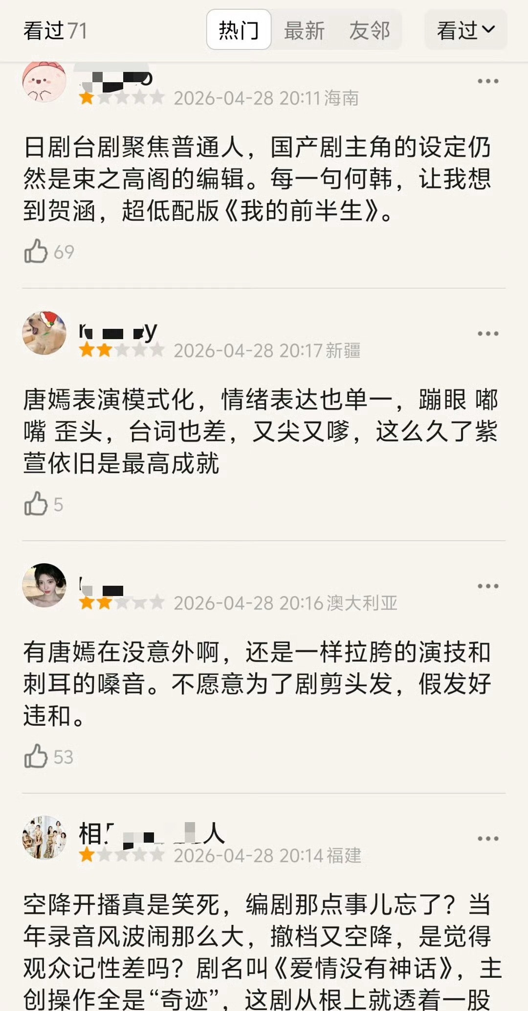 防爆唐嫣的人是真的多，爱情没有神话开播一小时豆瓣就很多吐槽她的了，但实际上我看了