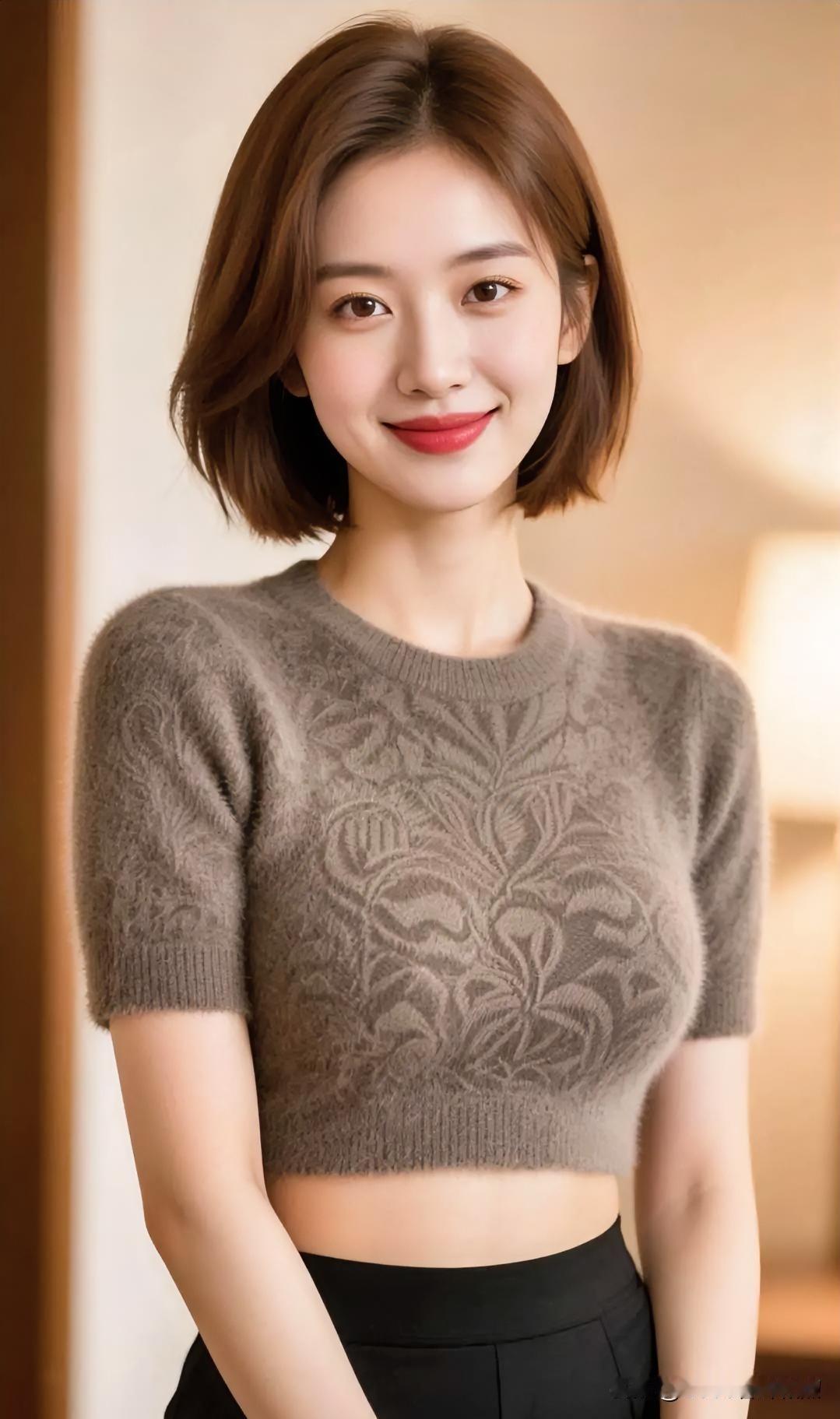 短发温婉，浅笑明媚，暖光轻抚，岁月安然。
