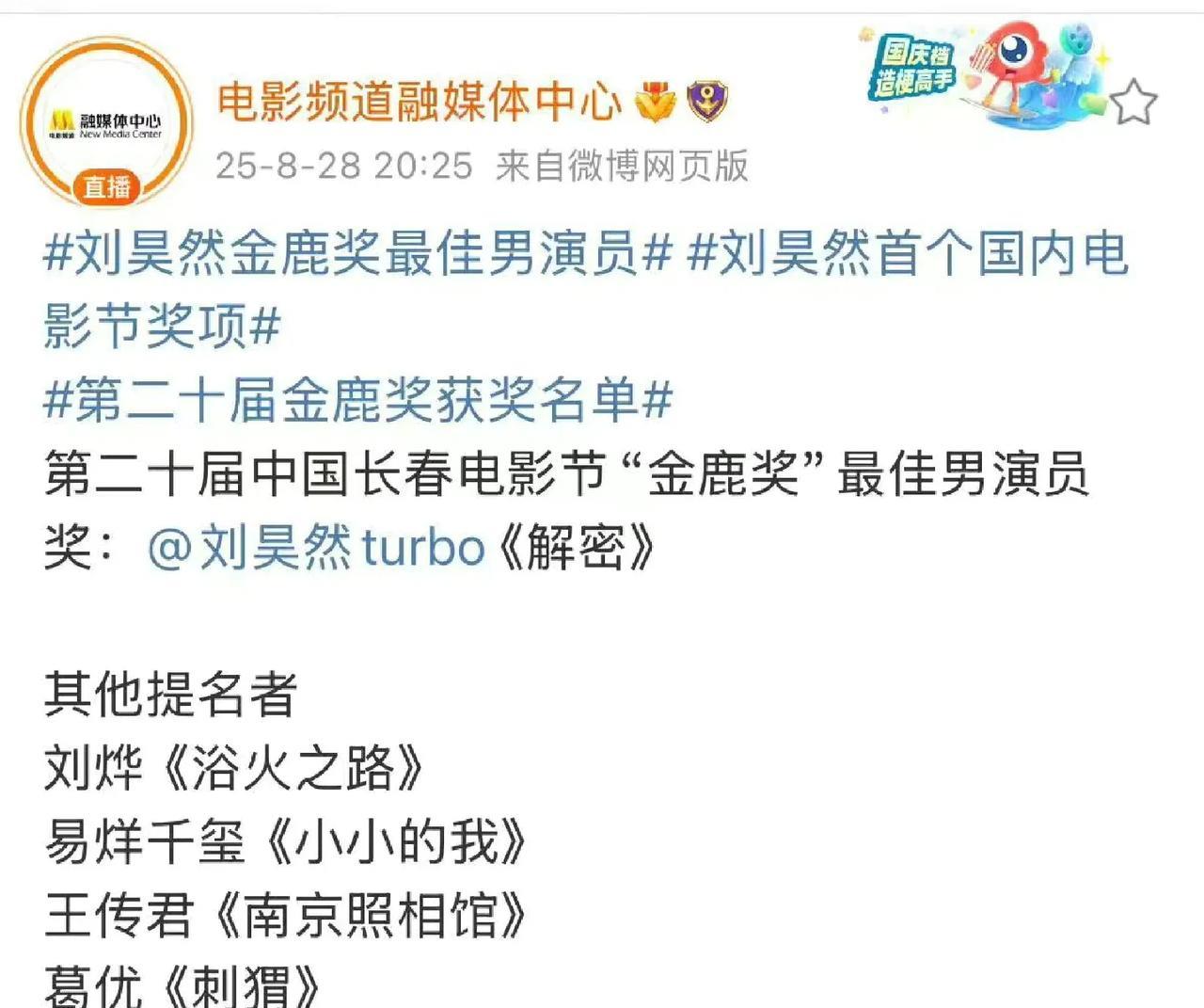 95生影帝来了！其实我还挺意外的，我意外并不是刘昊然获奖，而是我最开始以为刘昊