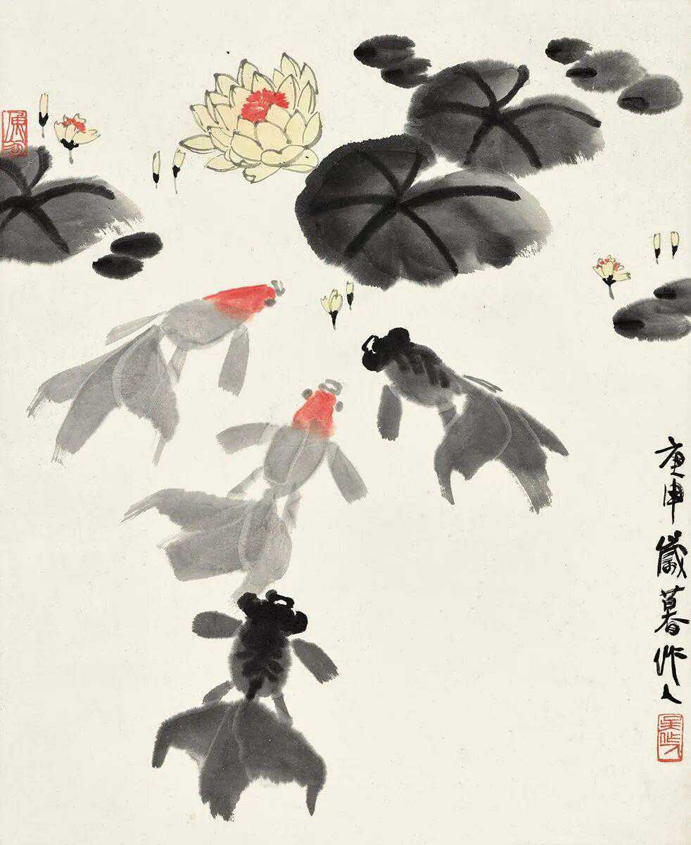 吴作人笔下的金鱼，寥寥数比，神完气足，画面干净、灵动，画中的金鱼不仅有动态之美，