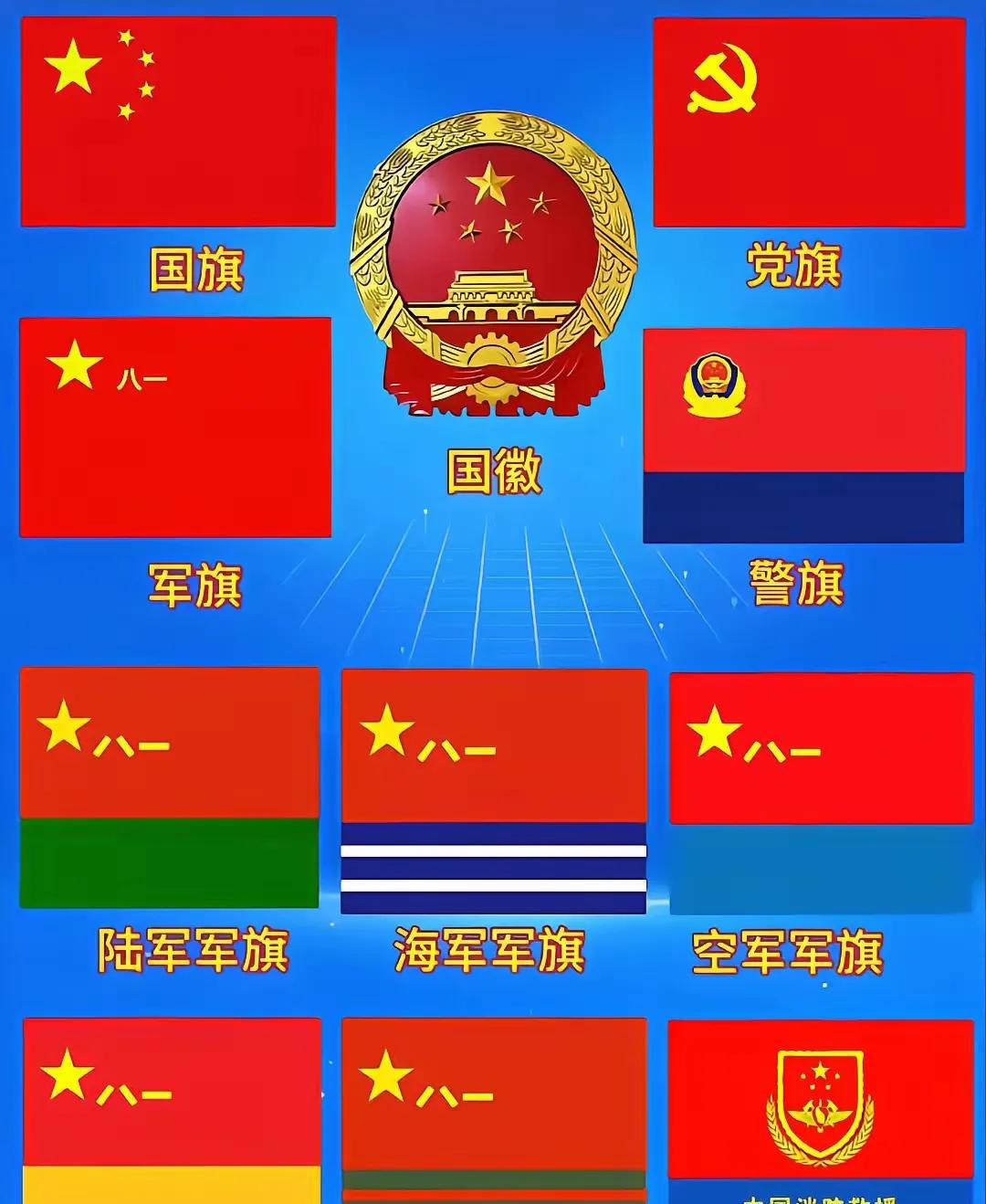 这是我国重要的一些旗帜，每一面旗帜都有象征意义，代表着一段历史，体现着价值观。