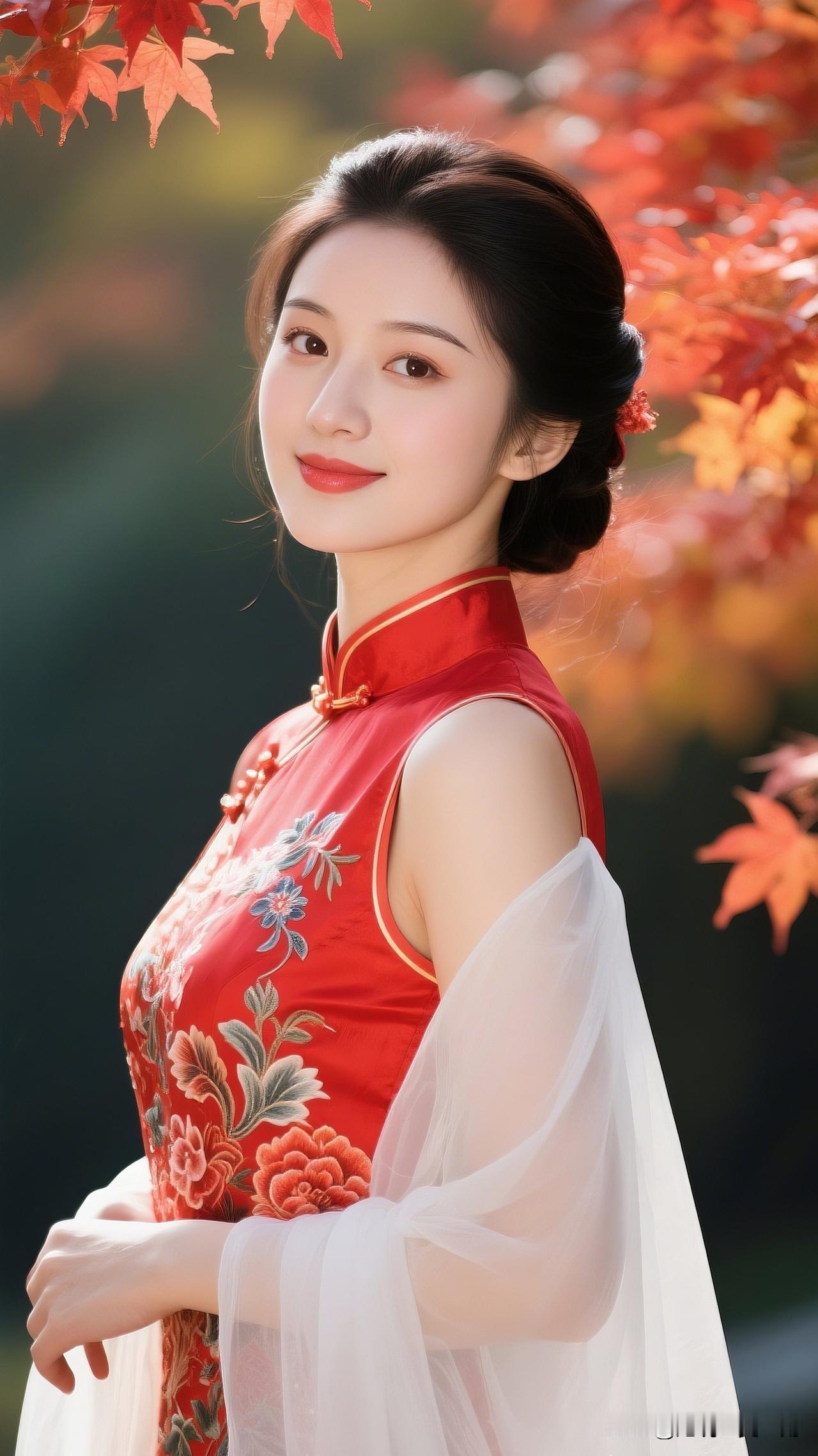 枫叶红如火，美人笑如花。哪种类型的美人是漂亮的?秋日红叶下的古典美人，惊艳了时